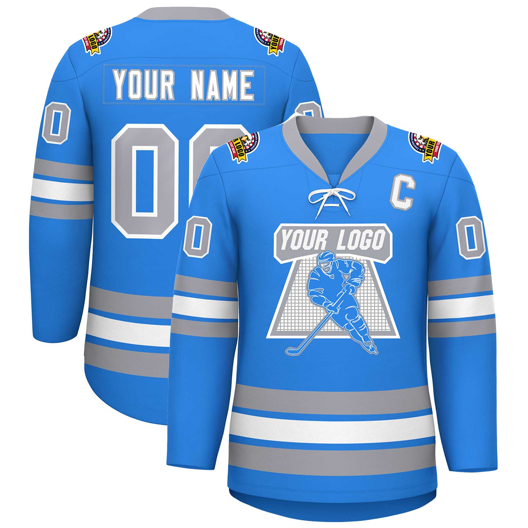 Custom Powder Blue White-Gray Lace-Up Neck Hockey Jersey | KXKSHOP