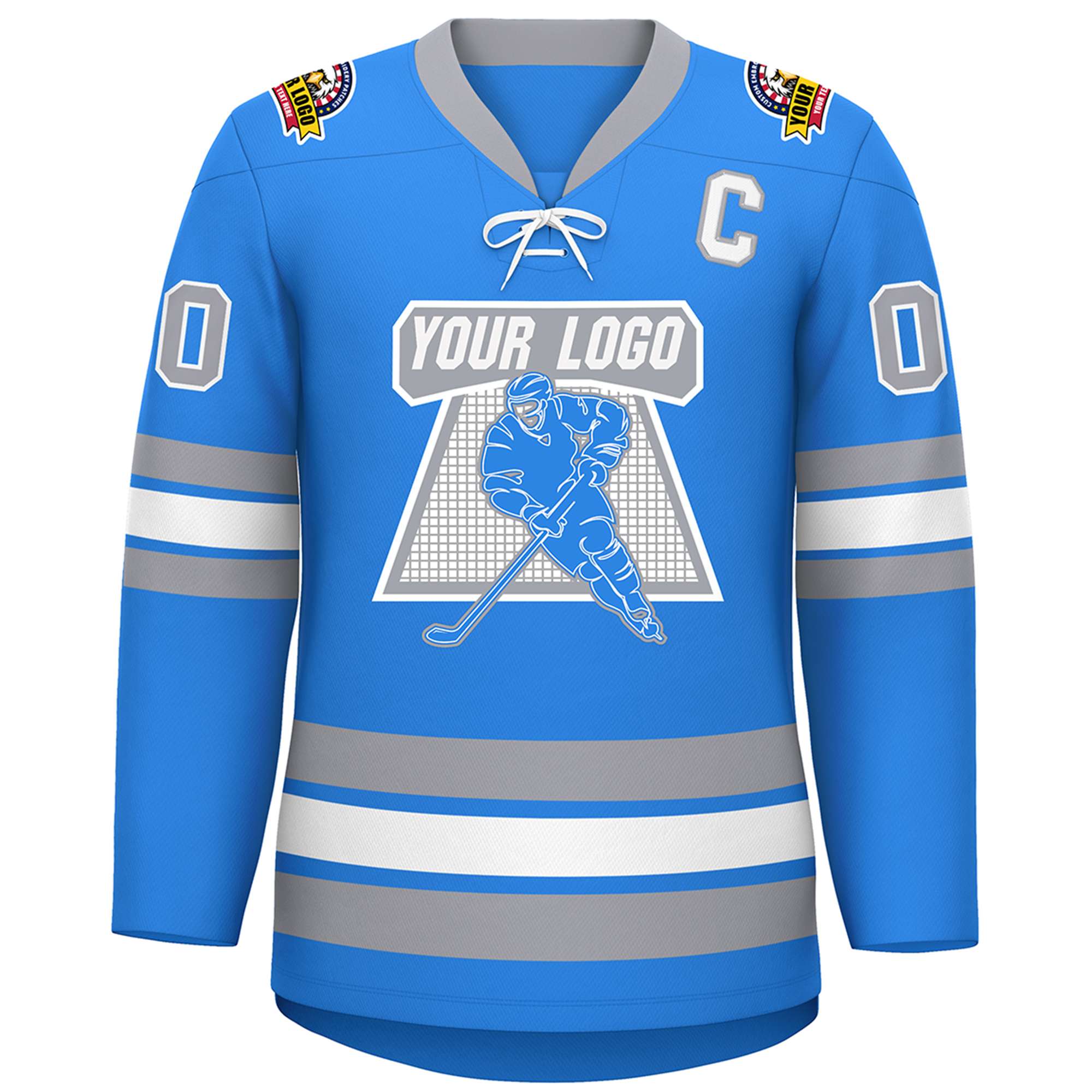 Custom Powder Blue White-Gray Lace-Up Neck Hockey Jersey | KXKSHOP