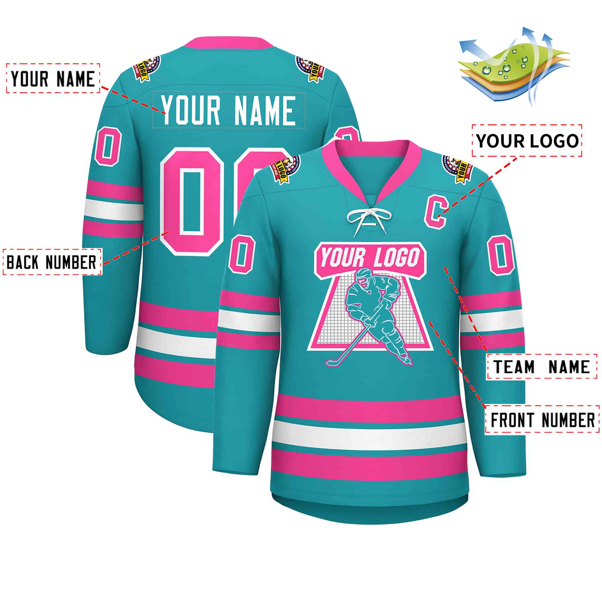 Custom Aqua Pink-White Lace-Up Neck Hockey Jersey | KXKSHOP