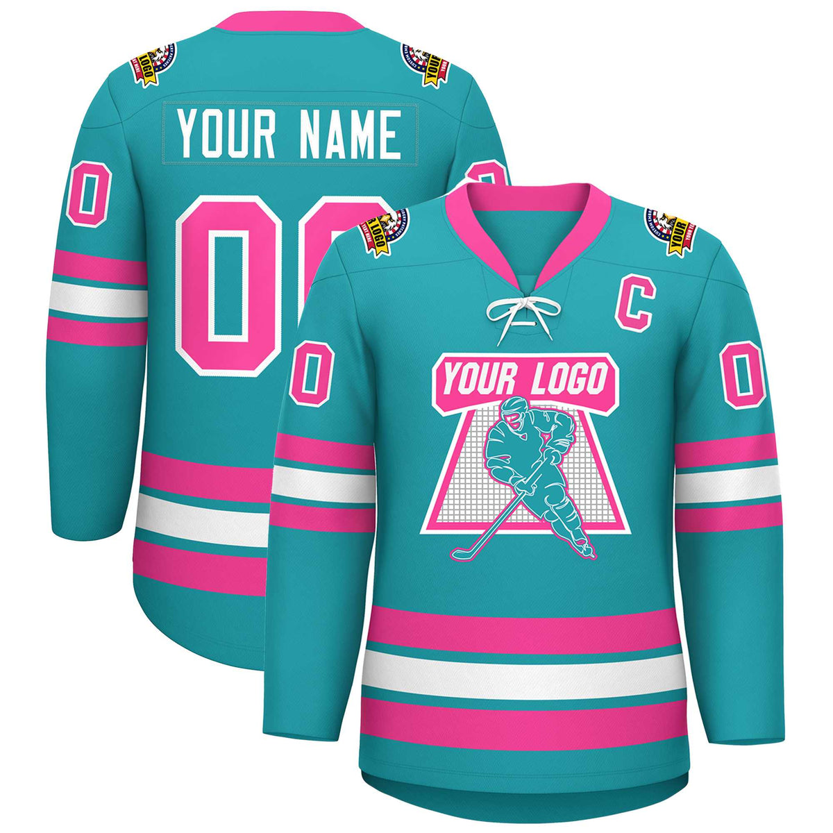 Custom Aqua Pink-White Lace-Up Neck Hockey Jersey | KXKSHOP