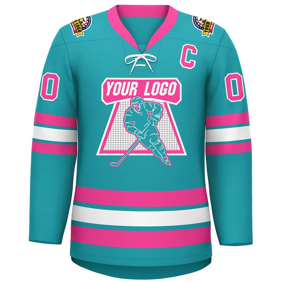 Custom Aqua Pink-White Lace-Up Neck Hockey Jersey | KXKSHOP