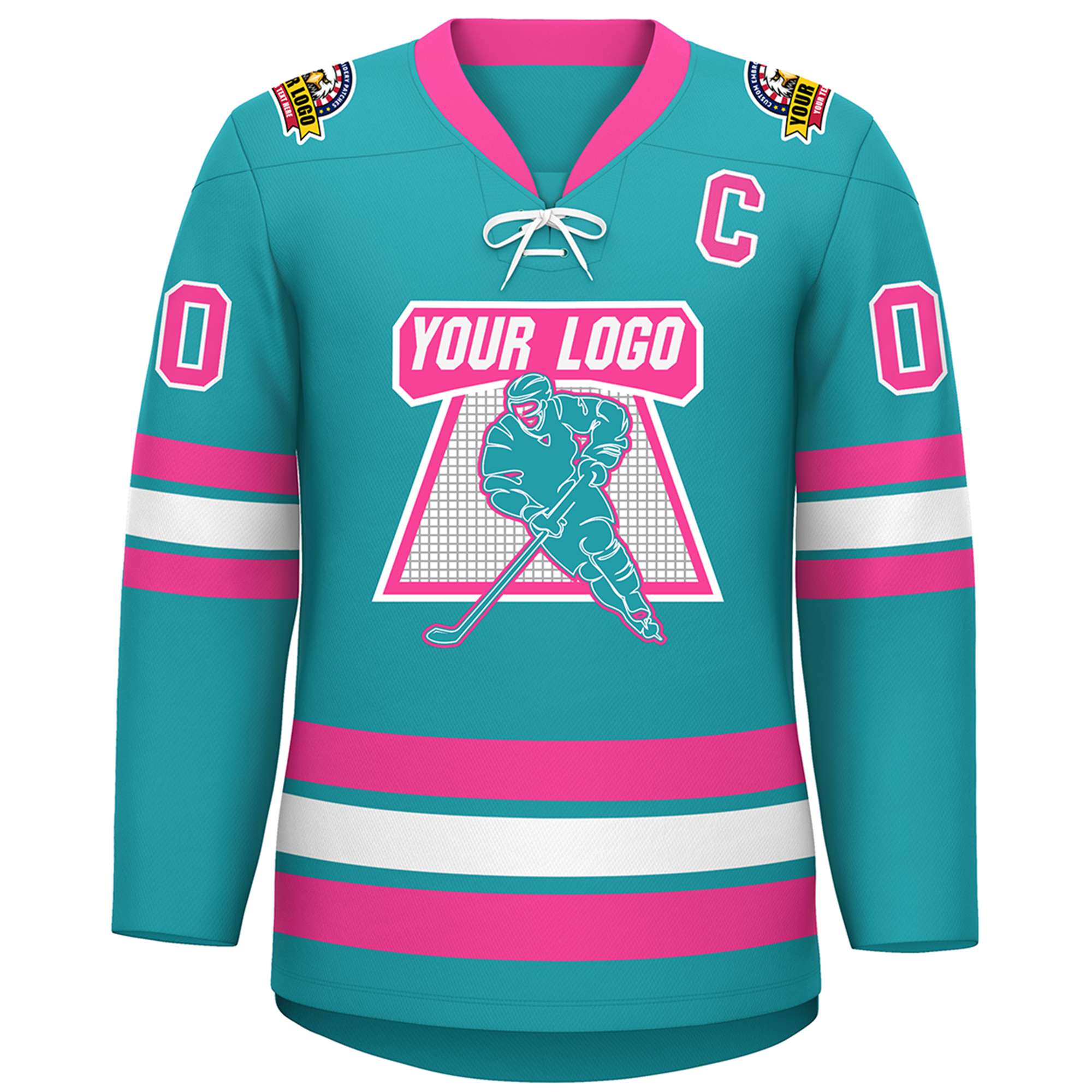 Custom Aqua Pink-White Lace-Up Neck Hockey Jersey | KXKSHOP