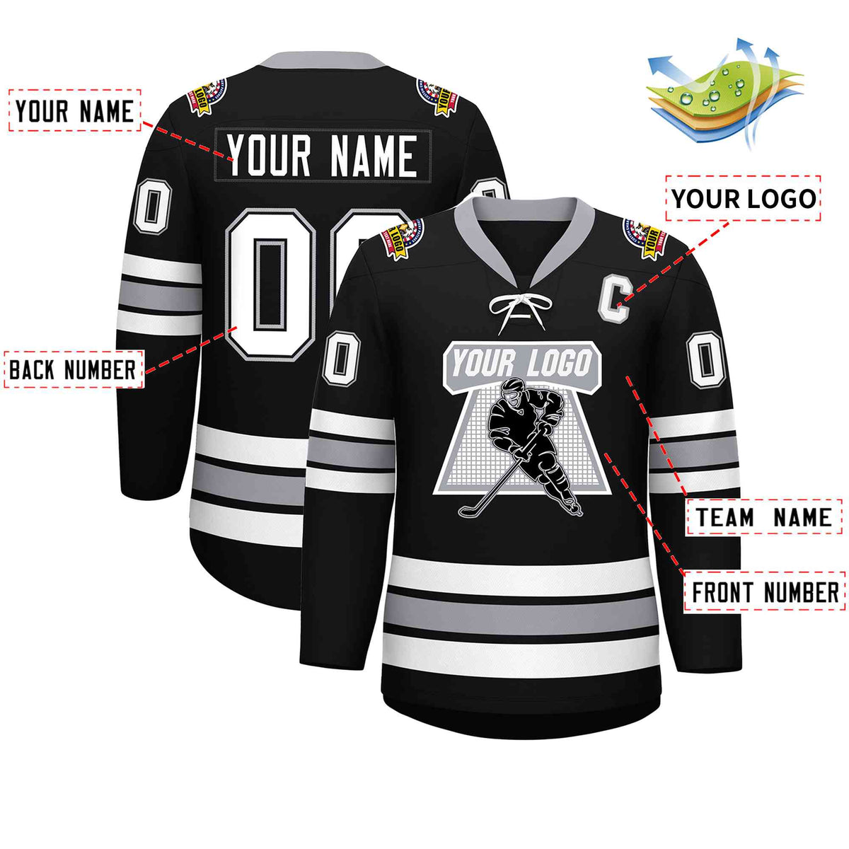 Custom Black White-Gray Lace-Up Neck Hockey Jersey | KXKSHOP