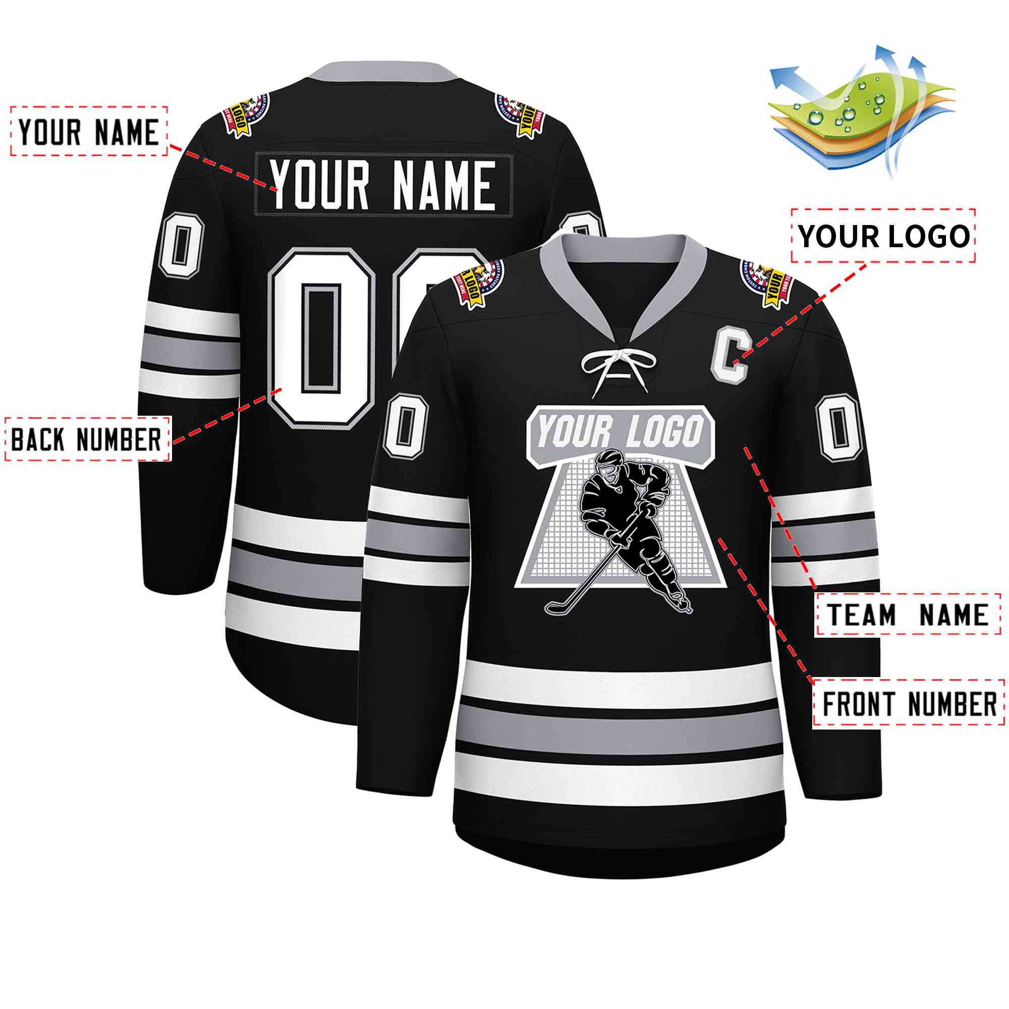 Custom Black White-Gray Lace-Up Neck Hockey Jersey | KXKSHOP