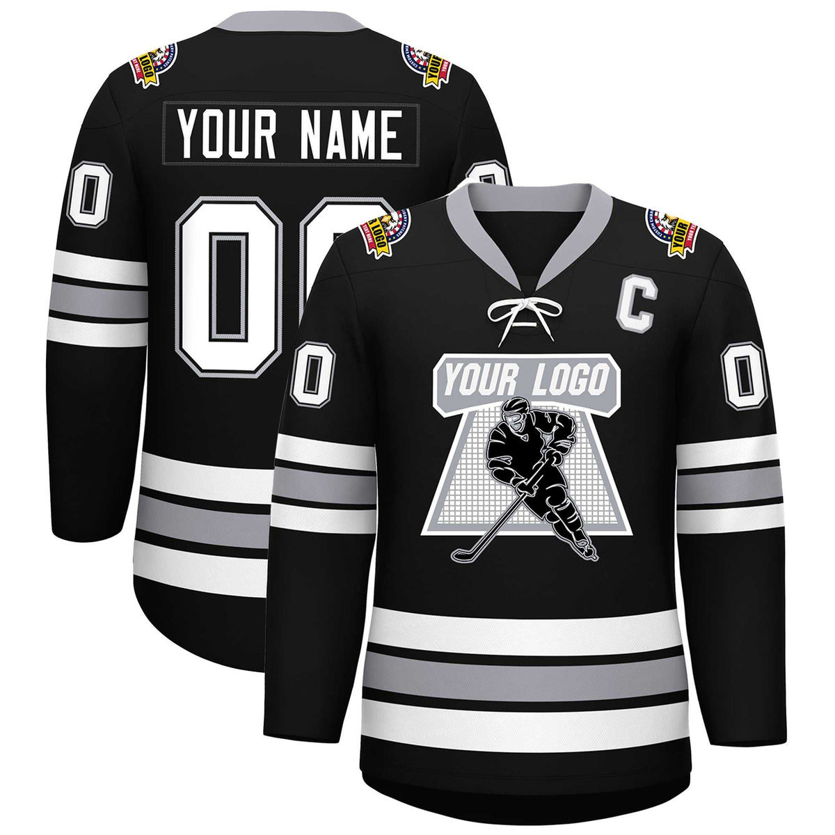 Custom Black White-Gray Lace-Up Neck Hockey Jersey | KXKSHOP