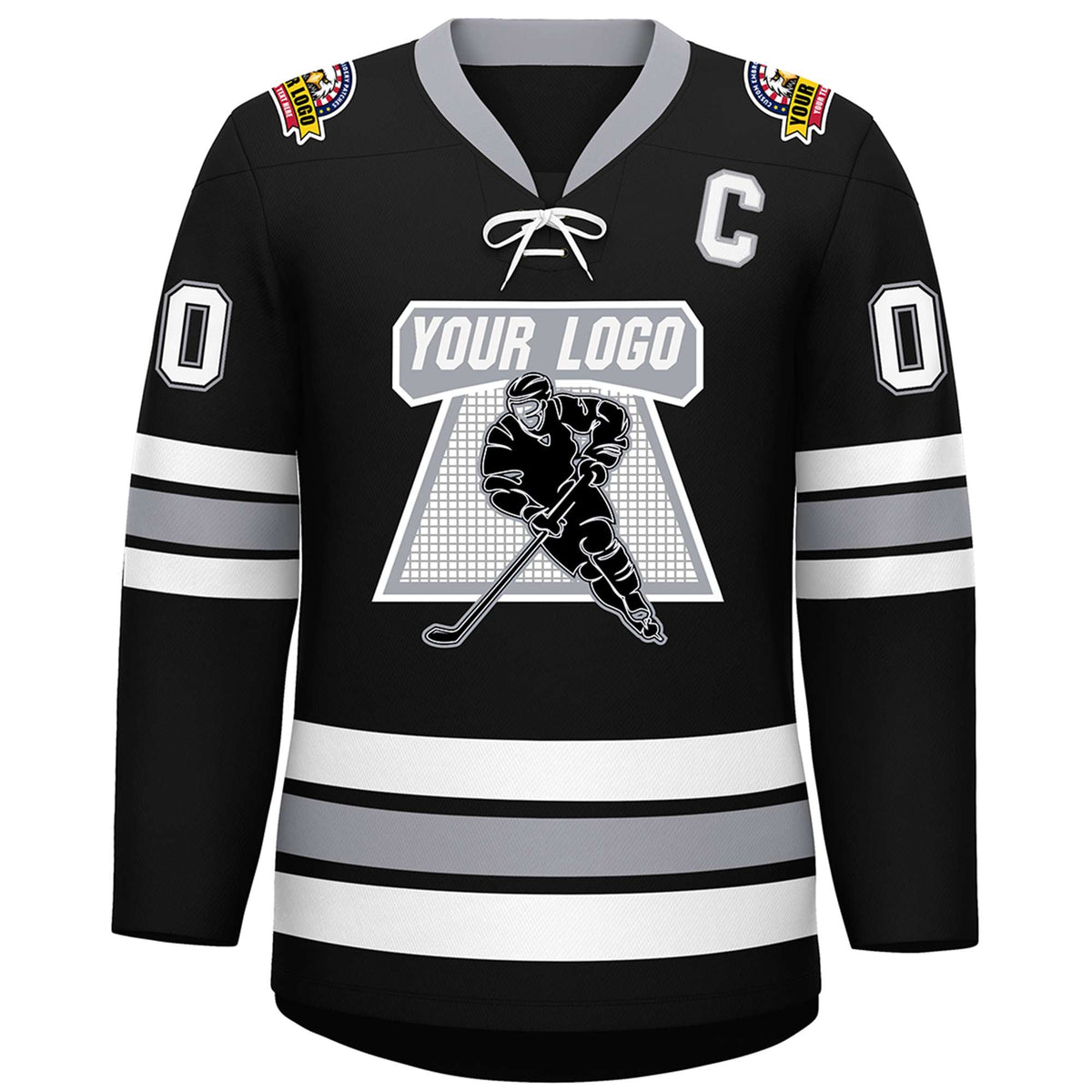 Custom Black White-Gray Lace-Up Neck Hockey Jersey | KXKSHOP