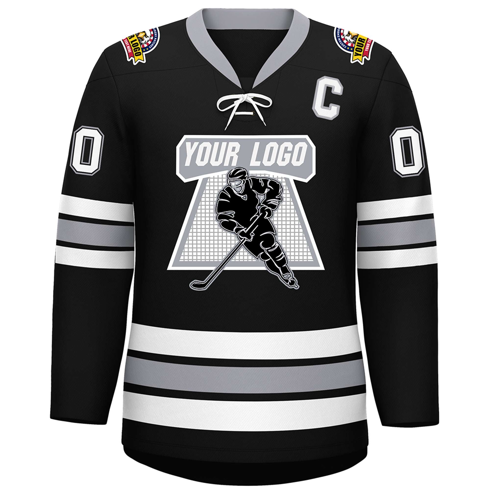 Custom Black White-Gray Lace-Up Neck Hockey Jersey | KXKSHOP