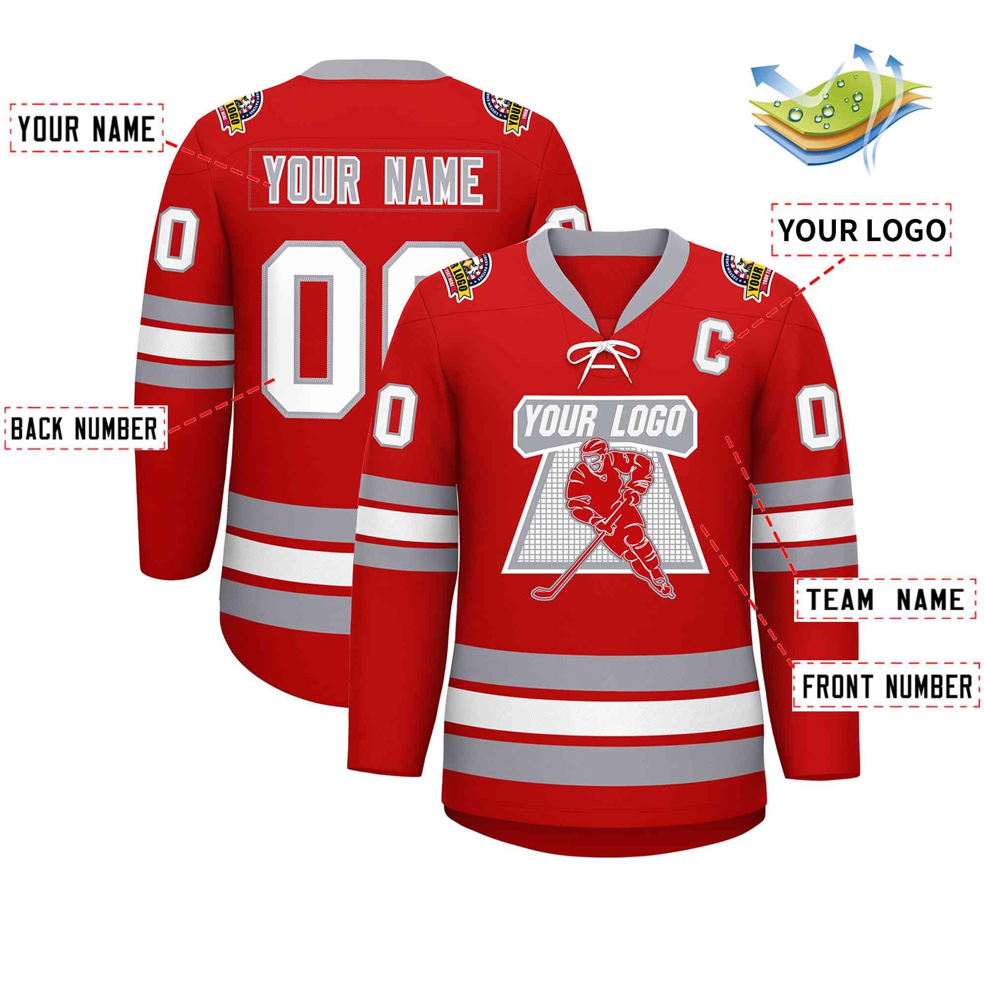 Custom Red White-Gray Lace-Up Neck Hockey Jersey | KXKSHOP