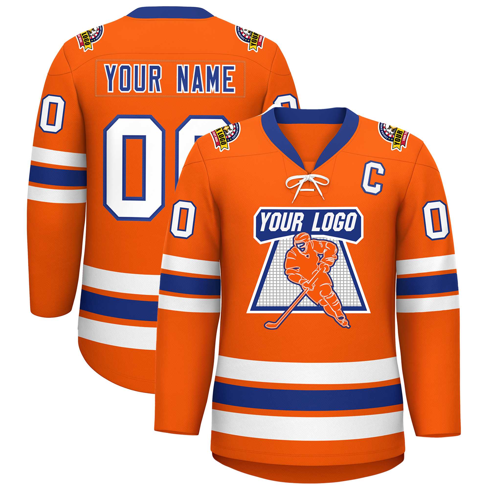 Custom Orange Royal-White Lace-Up Neck Hockey Jersey | KXKSHOP