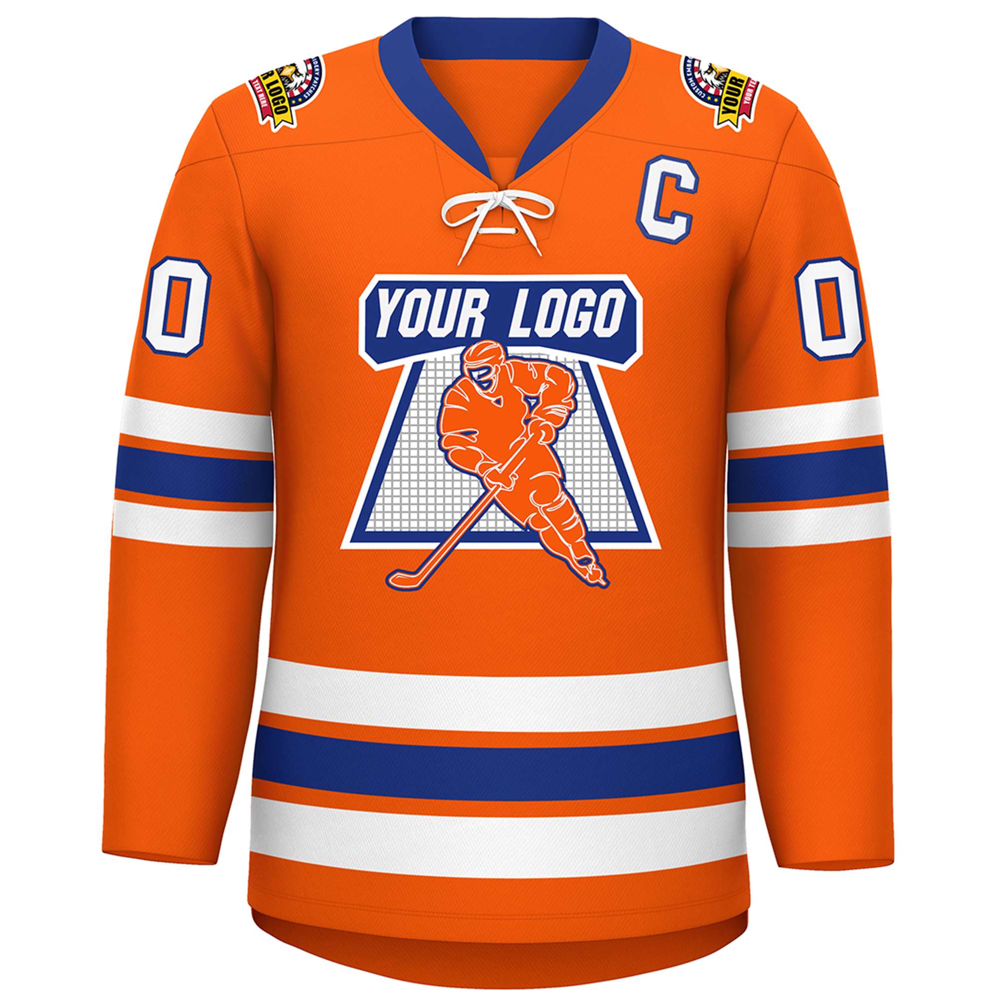 Custom Orange Royal-White Lace-Up Neck Hockey Jersey | KXKSHOP