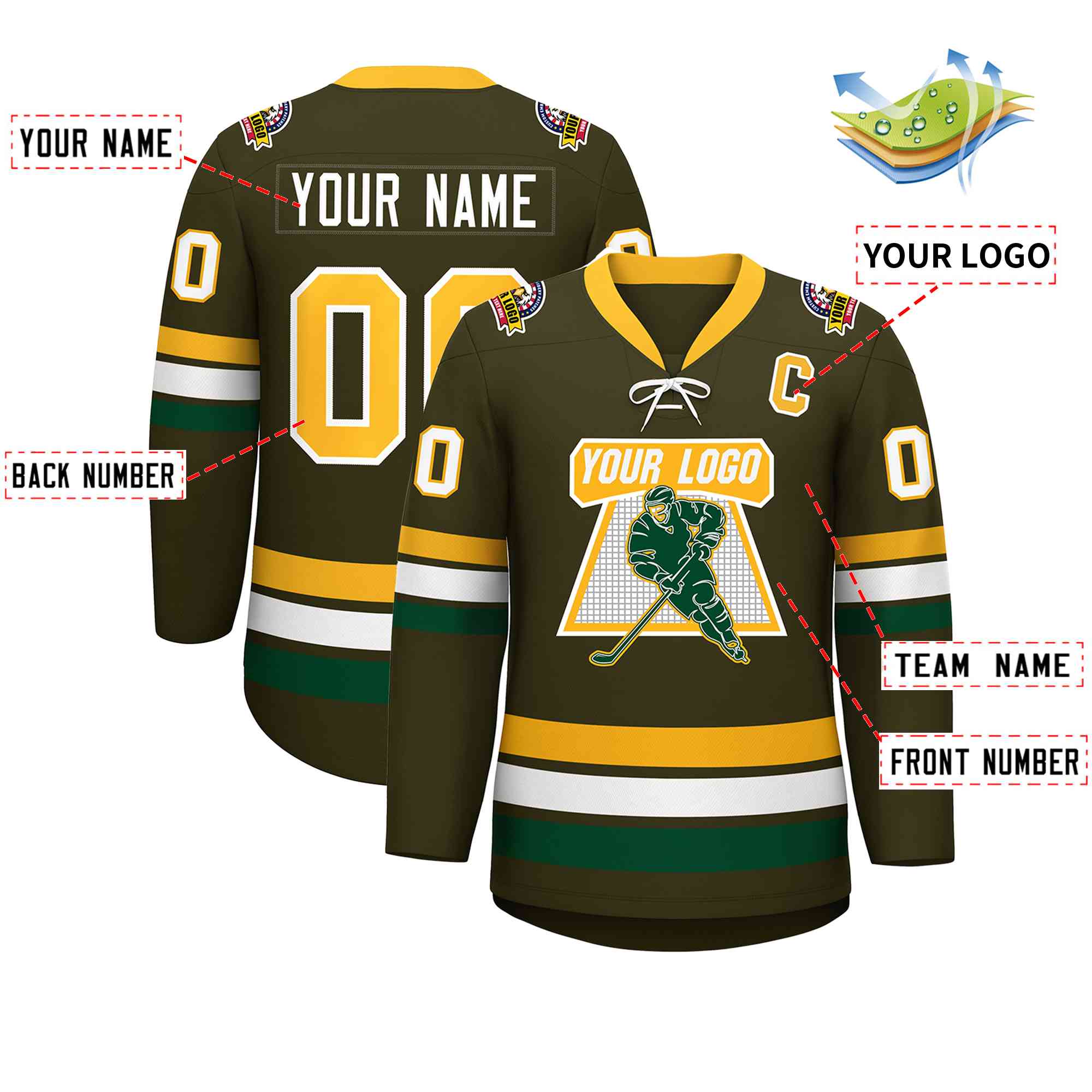 Custom Olive Yellow-White Lace-Up Neck Hockey Jersey | KXKSHOP