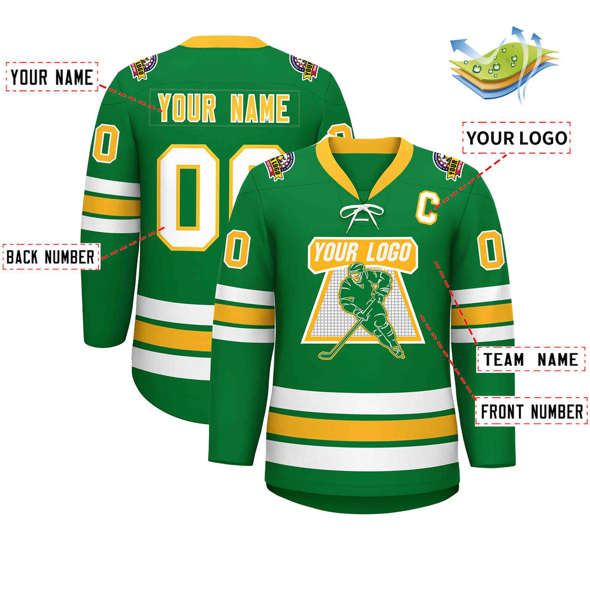 Custom Kelly Green Yellow-White Lace-Up Neck Hockey Jersey | KXKSHOP