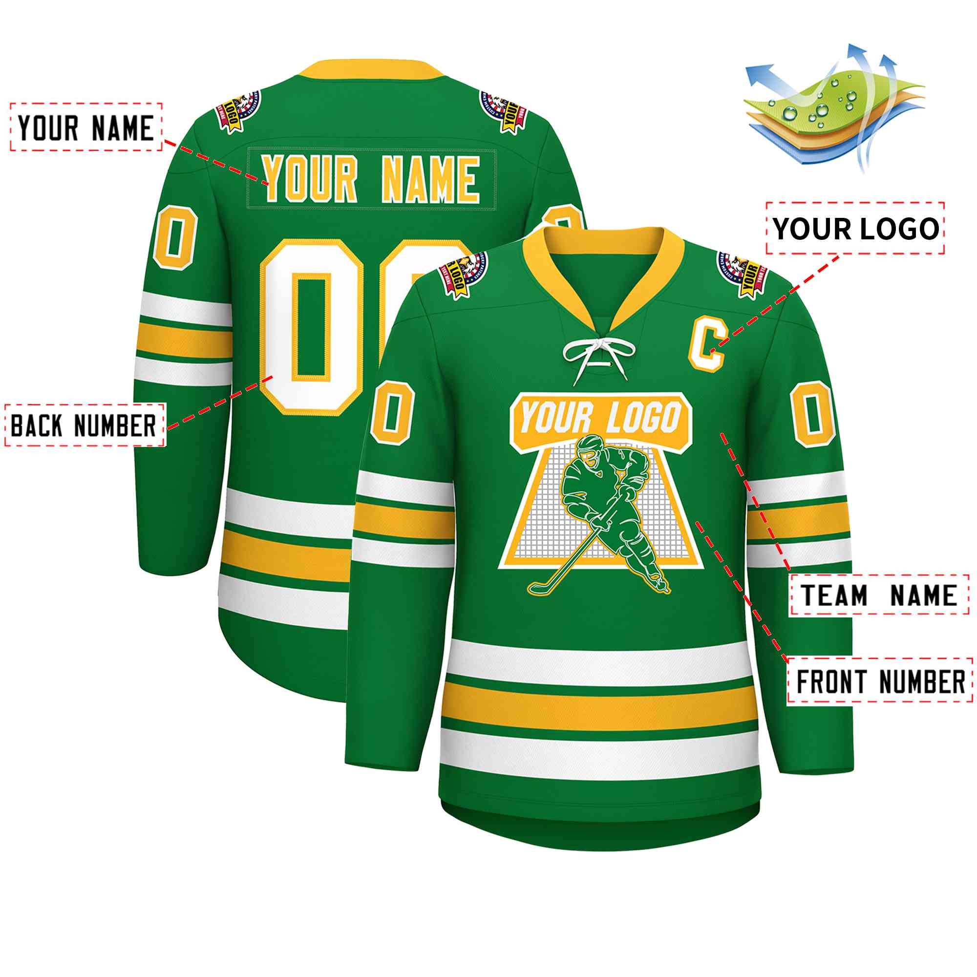 Custom Kelly Green Yellow-White Lace-Up Neck Hockey Jersey | KXKSHOP