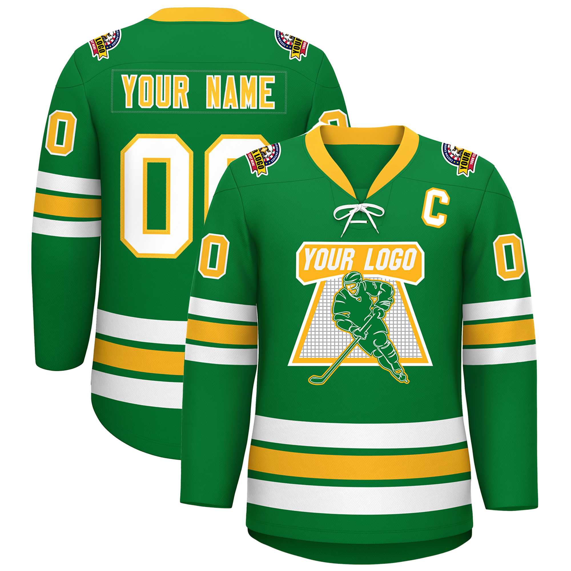 Custom Kelly Green Yellow-White Lace-Up Neck Hockey Jersey | KXKSHOP
