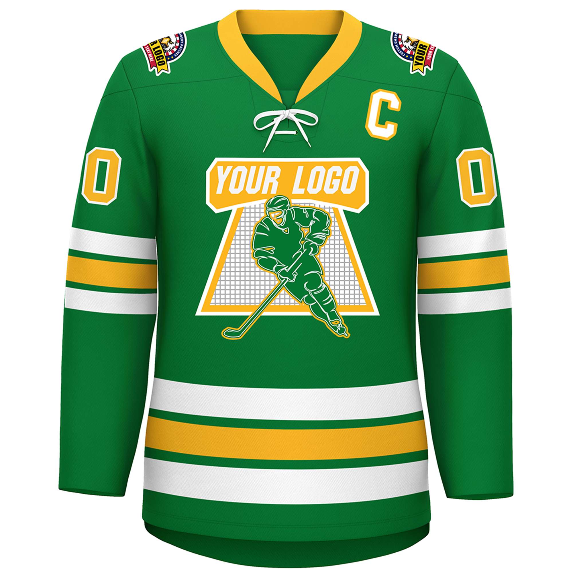 Custom Kelly Green Yellow-White Lace-Up Neck Hockey Jersey | KXKSHOP