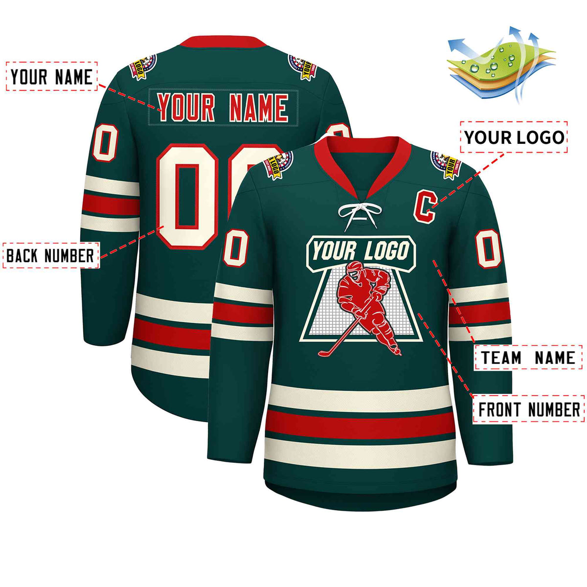 Custom Midnight Green Red-Cream Lace-Up Neck Hockey Jersey | KXKSHOP