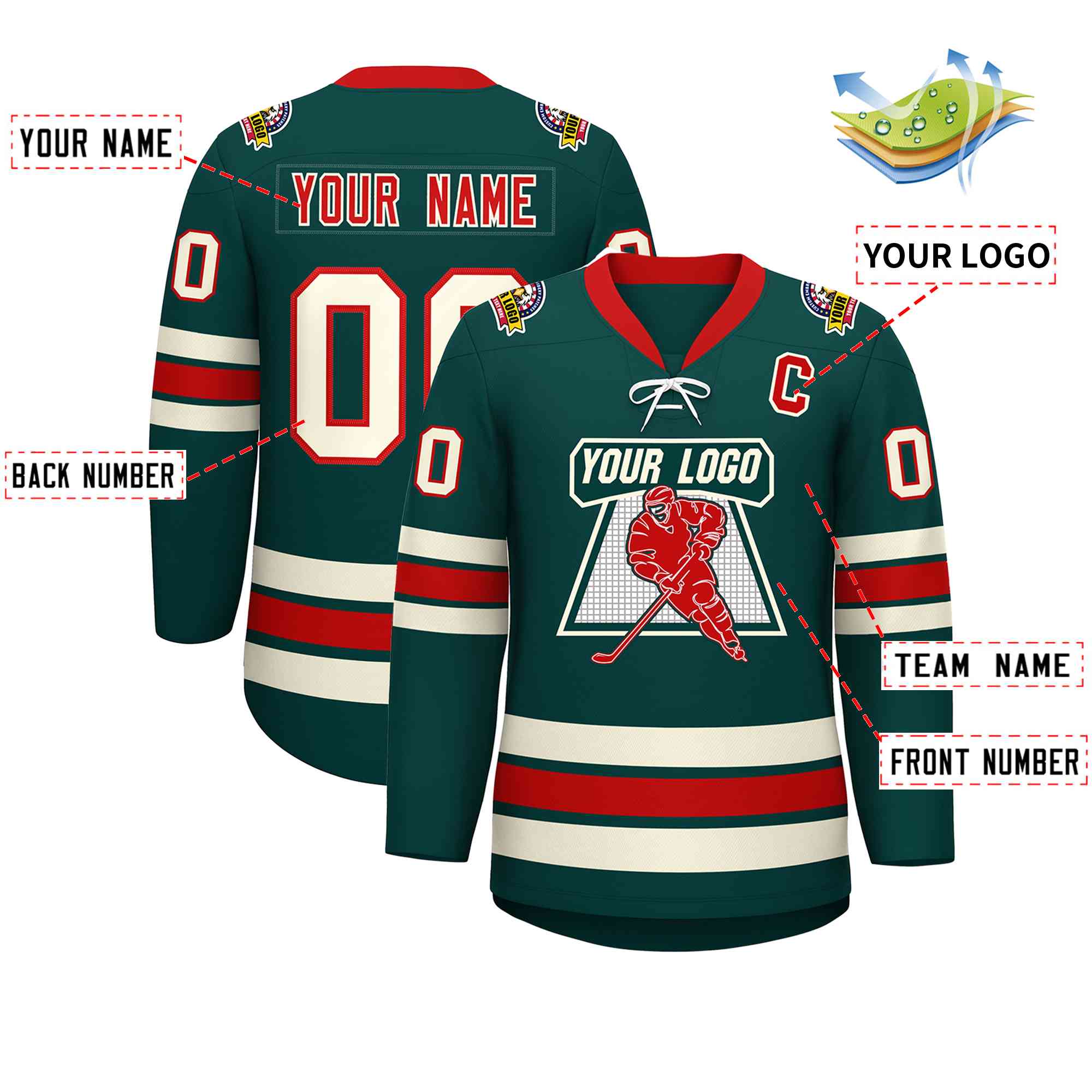Custom Midnight Green Red-Cream Lace-Up Neck Hockey Jersey | KXKSHOP