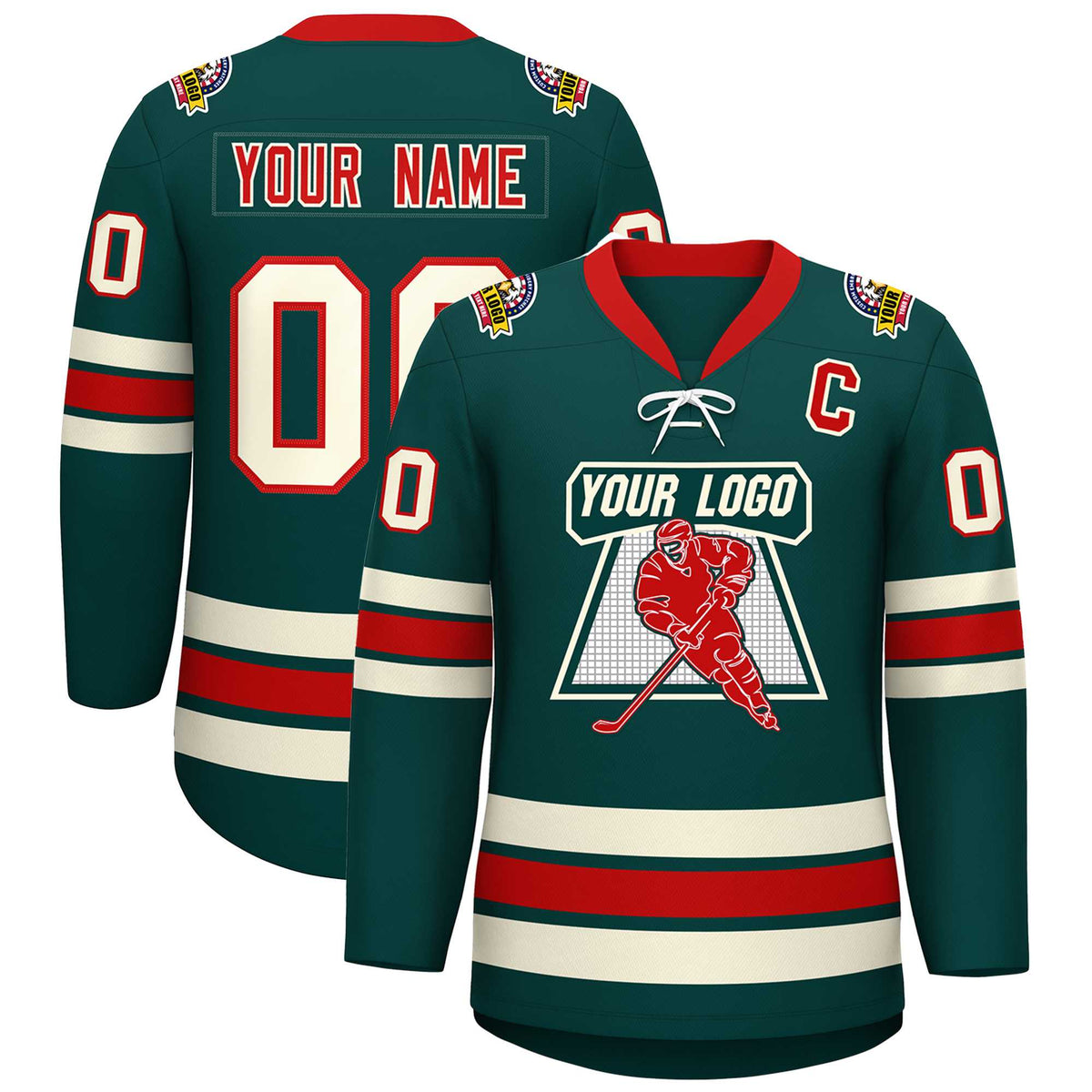 Custom Midnight Green Red-Cream Lace-Up Neck Hockey Jersey | KXKSHOP