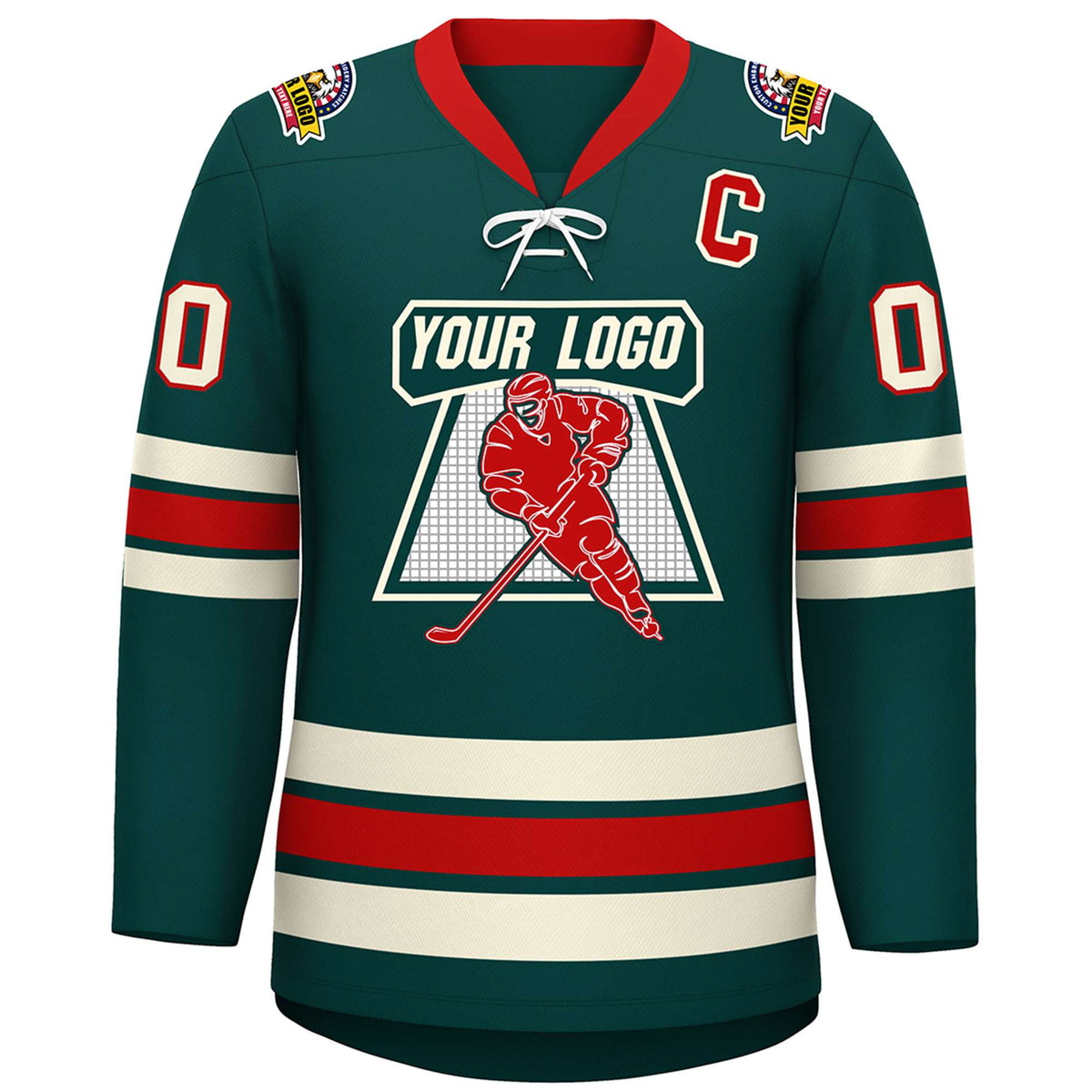 Custom Midnight Green Red-Cream Lace-Up Neck Hockey Jersey | KXKSHOP