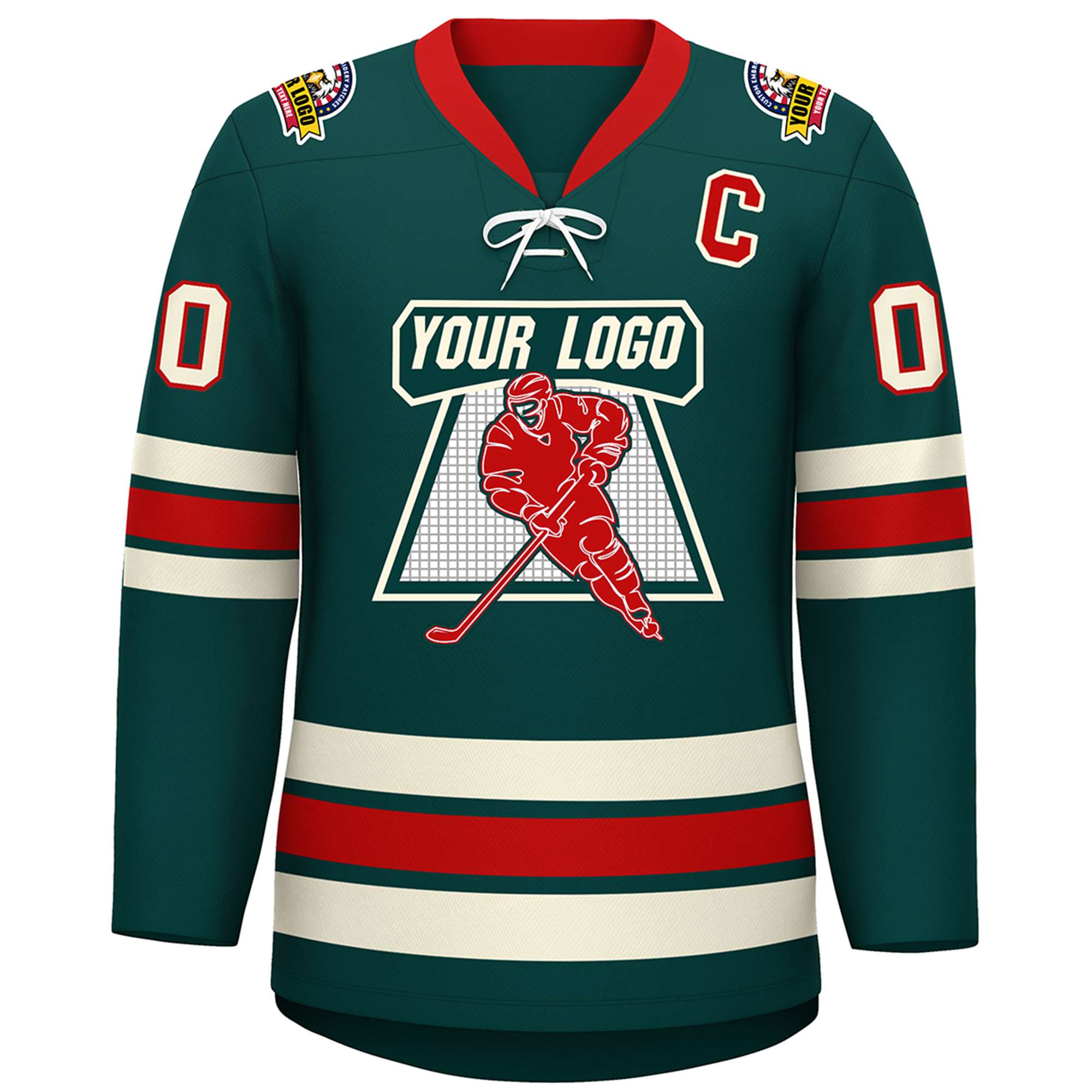 Custom Midnight Green Red-Cream Lace-Up Neck Hockey Jersey | KXKSHOP