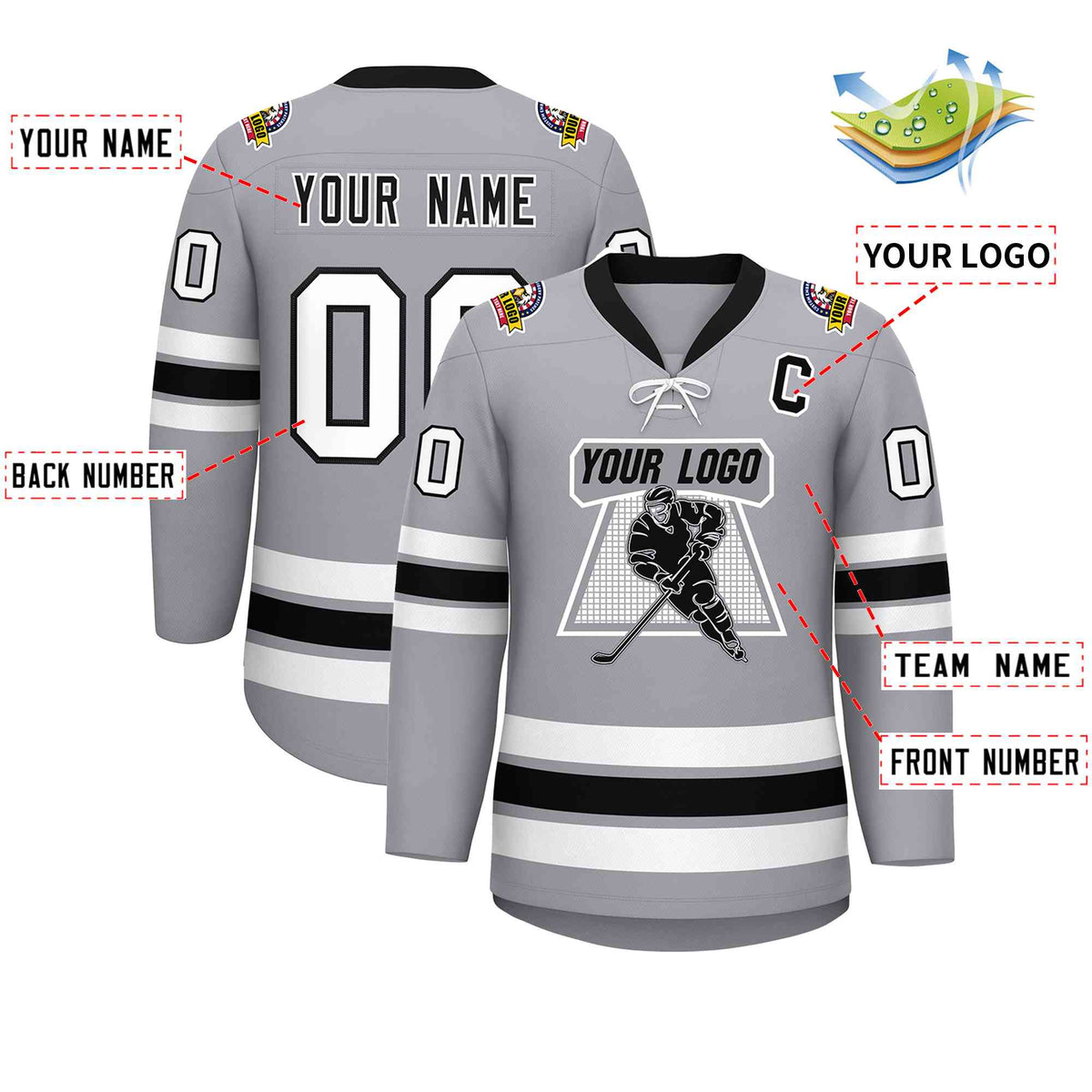Custom Gray Black-White Lace-Up Neck Hockey Jersey | KXKSHOP