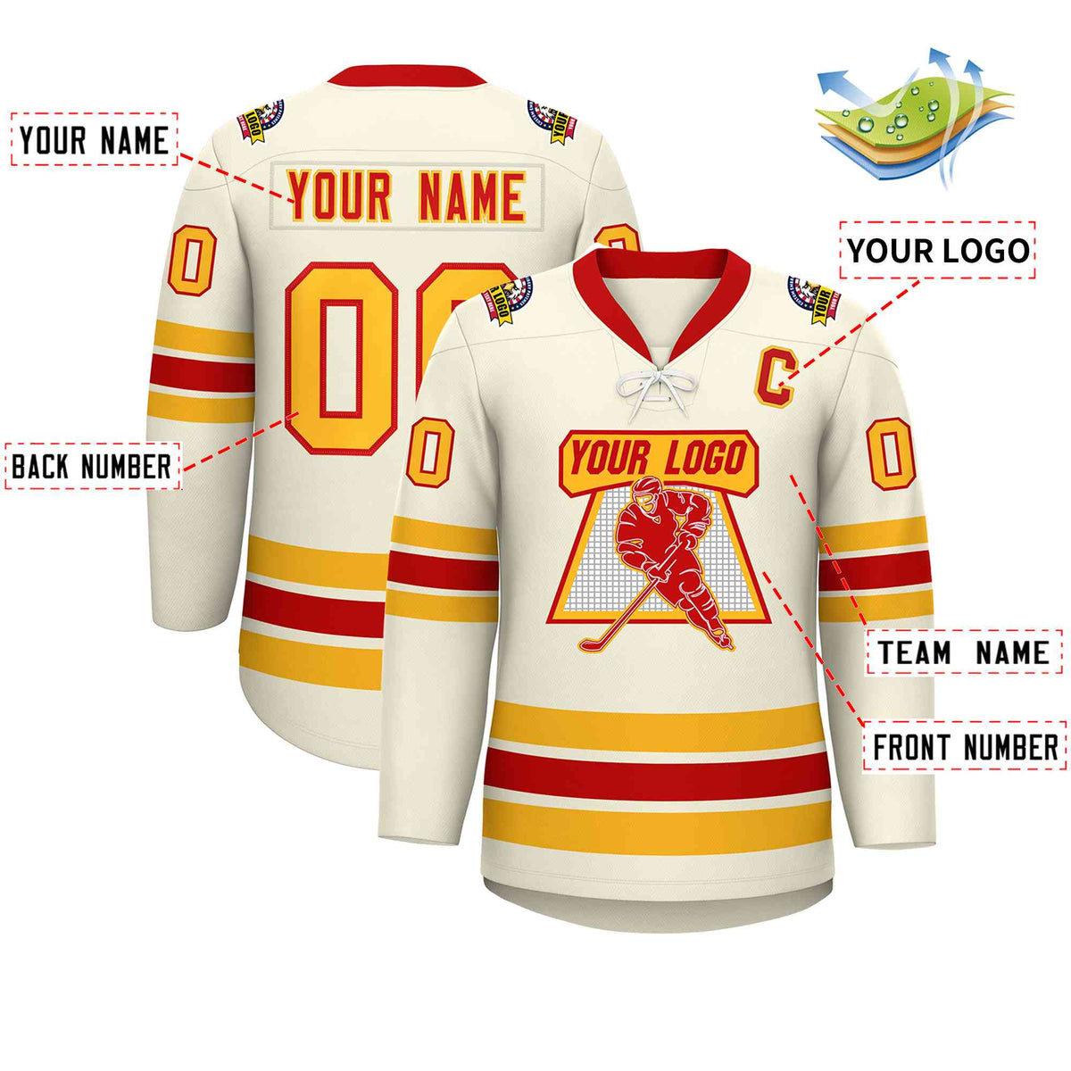 Custom Cream Red-Yellow Lace-Up Neck Hockey Jersey | KXKSHOP