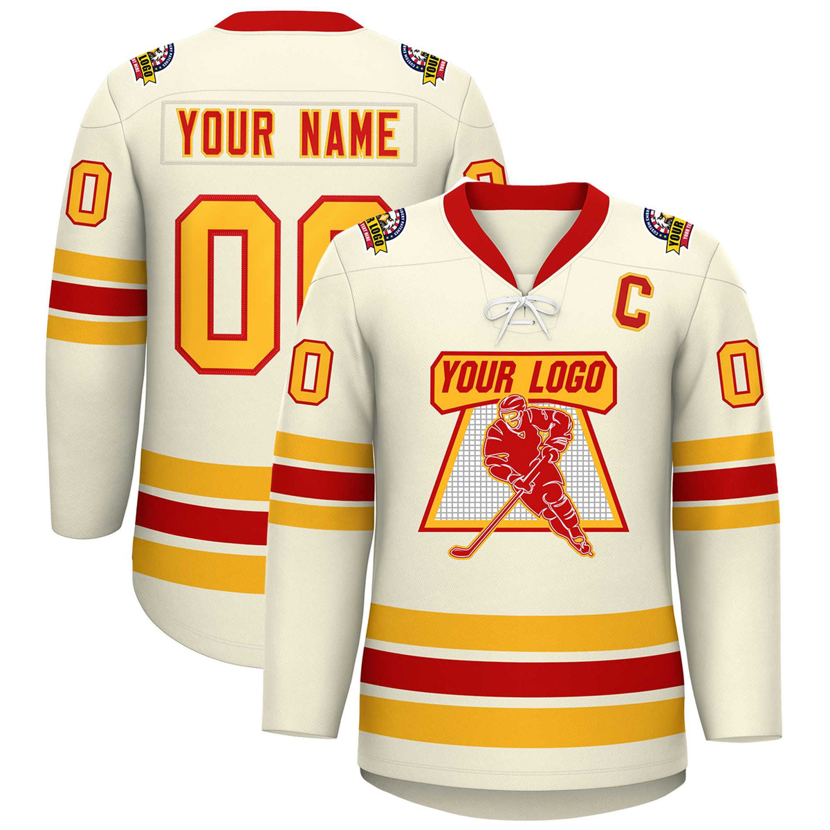 Custom Cream Red-Yellow Lace-Up Neck Hockey Jersey | KXKSHOP