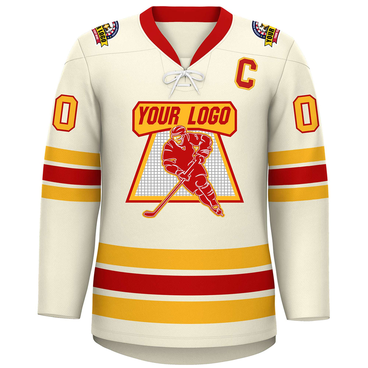 Custom Cream Red-Yellow Lace-Up Neck Hockey Jersey | KXKSHOP