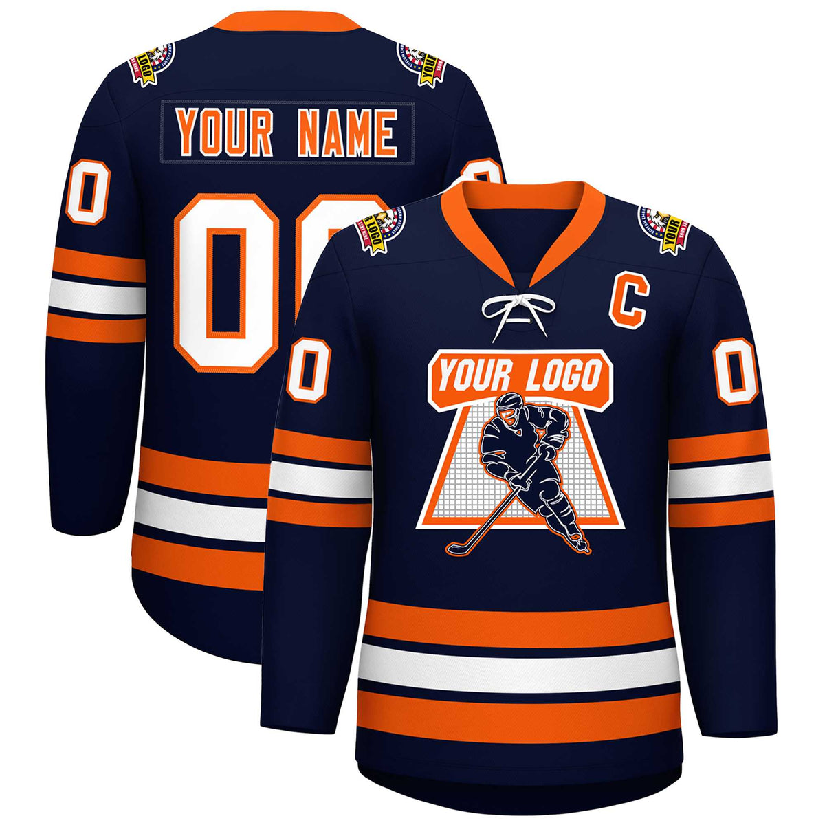 Custom Navy Orange-White Lace-Up Neck Hockey Jersey | KXKSHOP