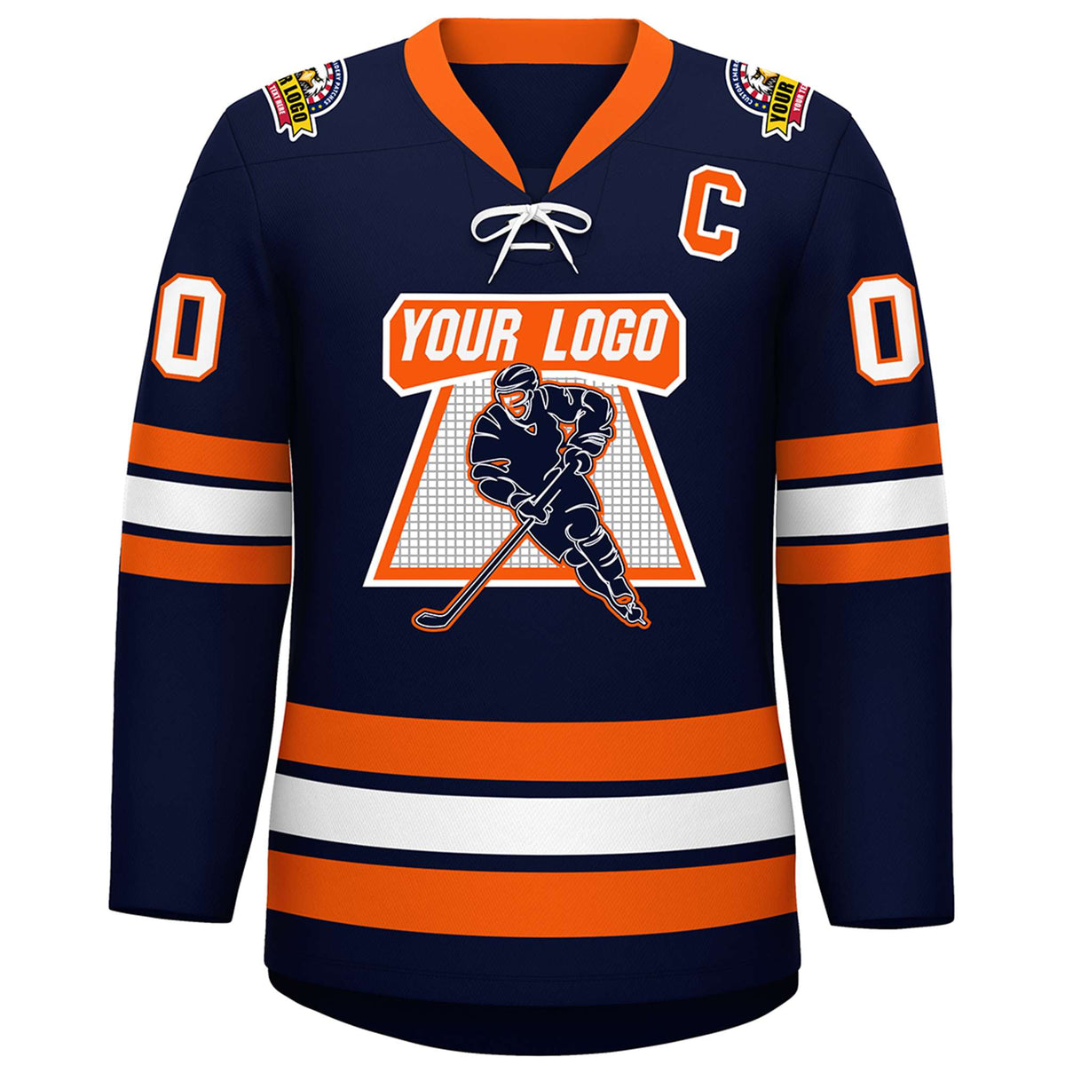 Custom Navy Orange-White Lace-Up Neck Hockey Jersey | KXKSHOP