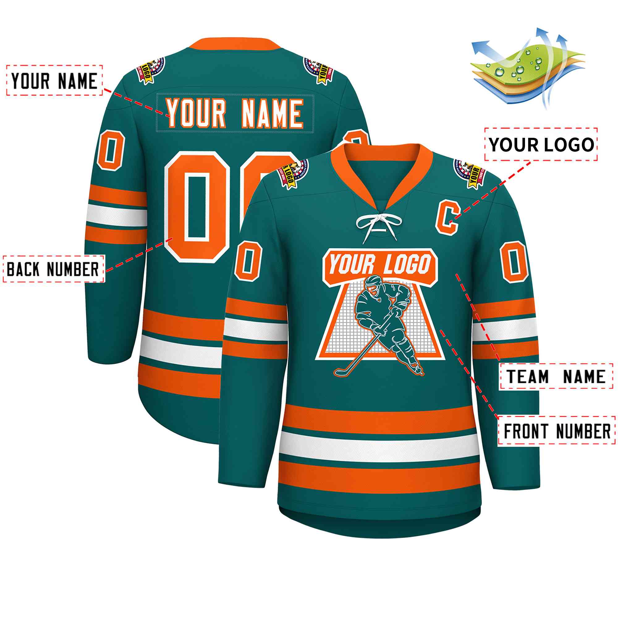 Custom Aqua White-Orange Lace-Up Neck Hockey Jersey | KXKSHOP