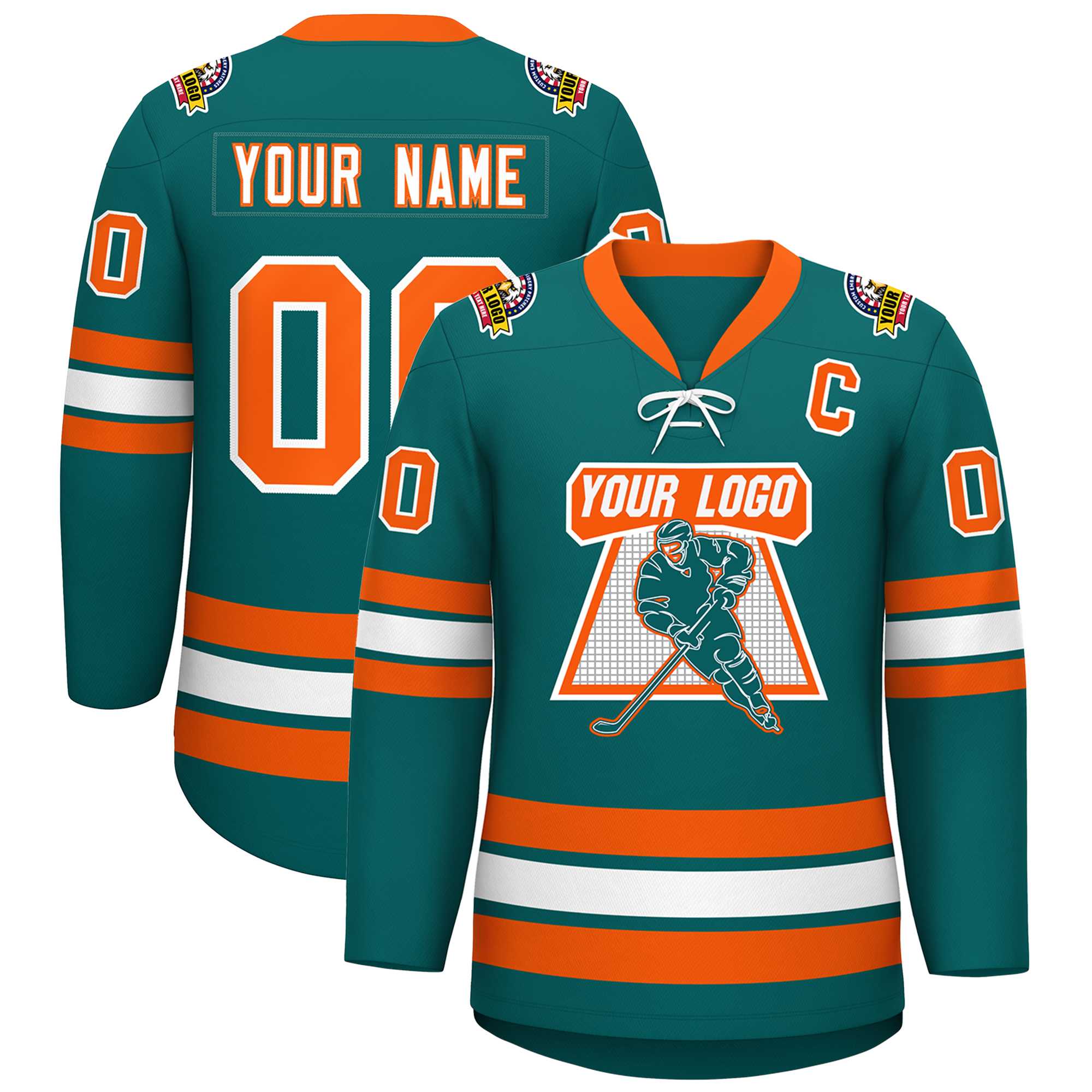 Custom Aqua White-Orange Lace-Up Neck Hockey Jersey | KXKSHOP