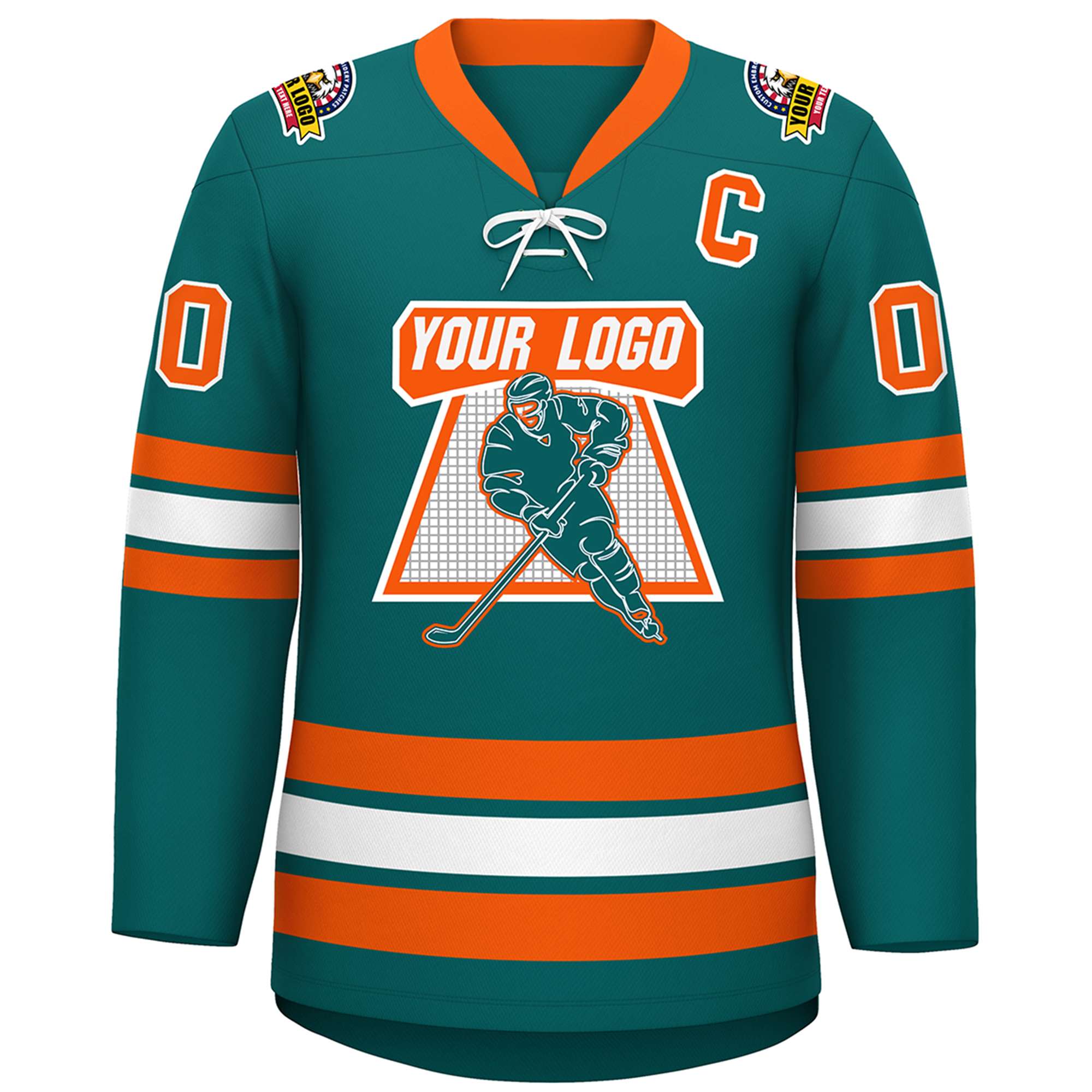 Custom Aqua White-Orange Lace-Up Neck Hockey Jersey | KXKSHOP
