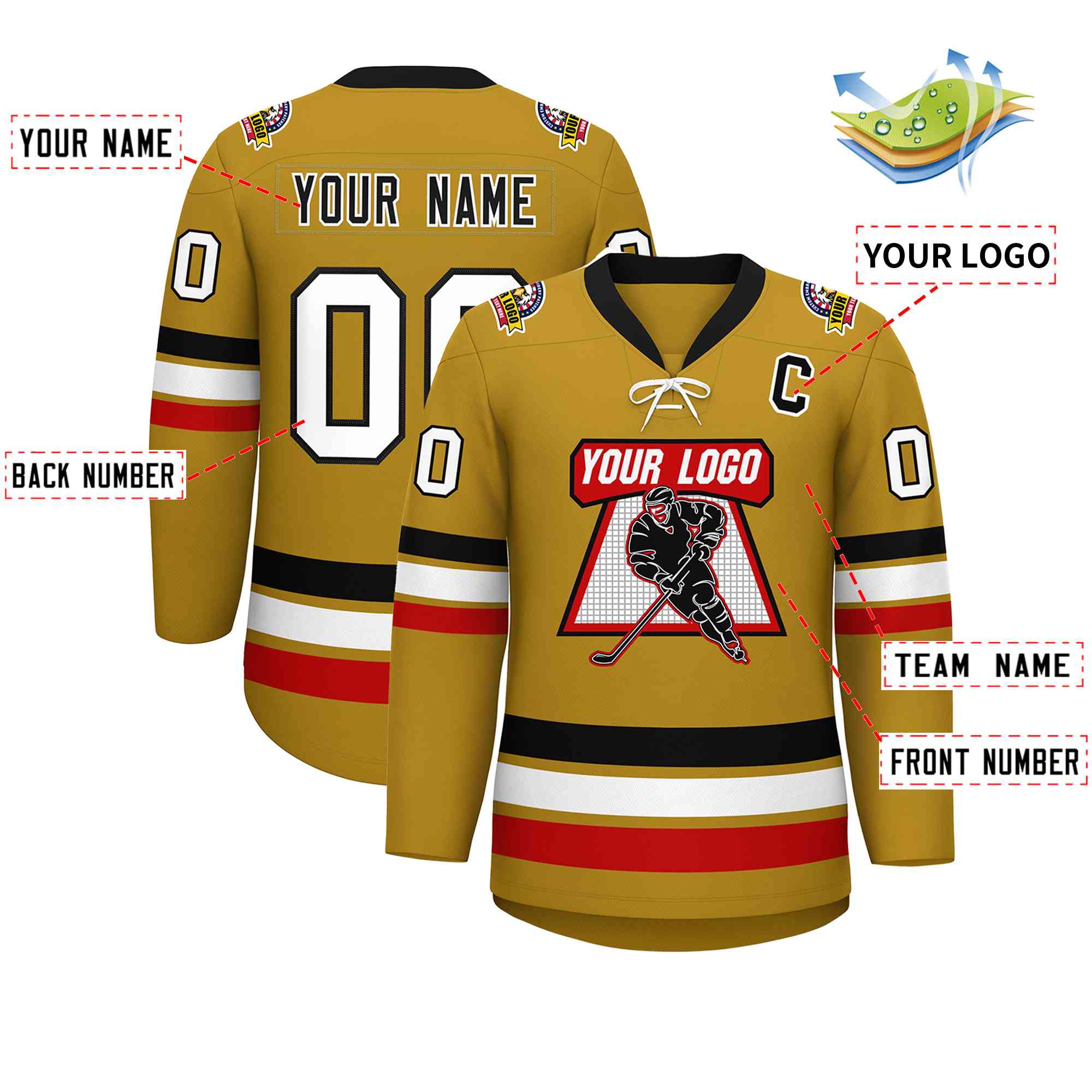 Custom Old Gold Black-White Lace-Up Neck Hockey Jersey | KXKSHOP