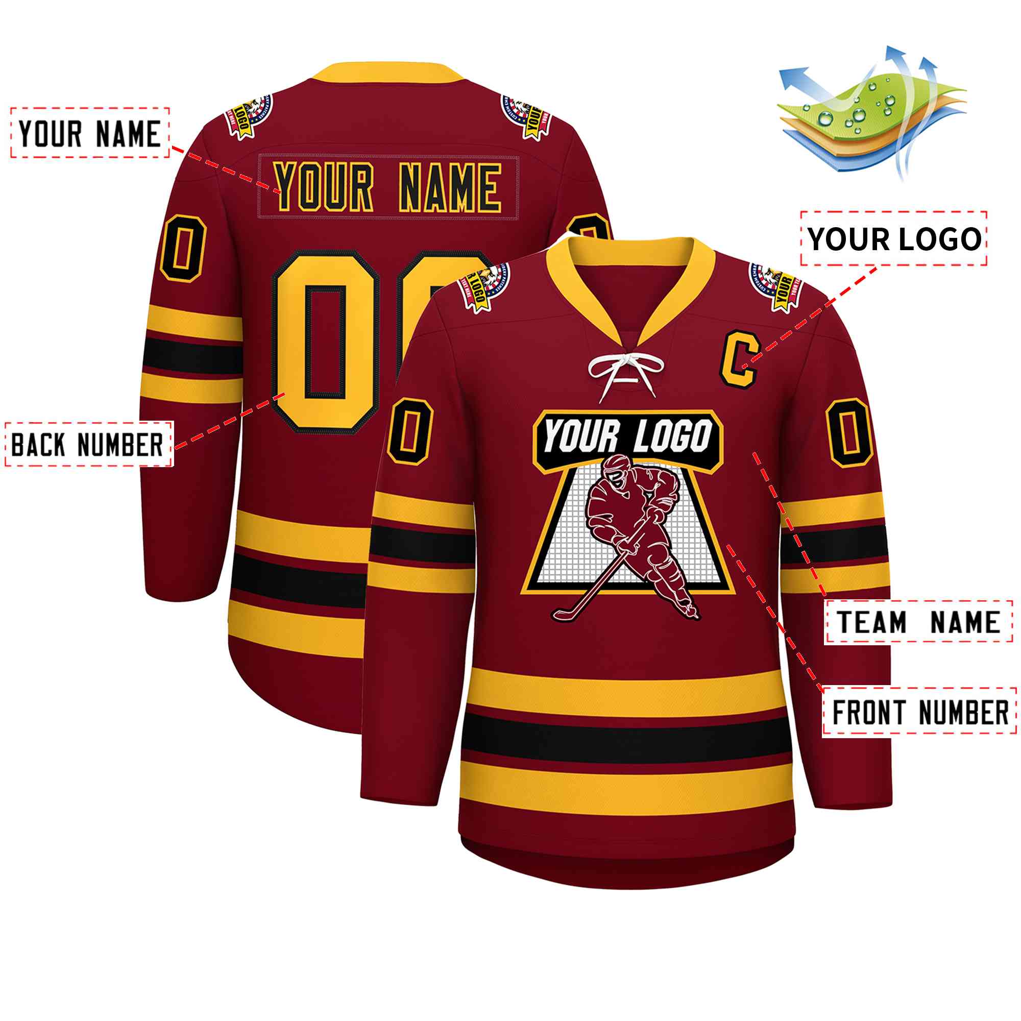 Custom Crimson Black-Yellow Lace-Up Neck Hockey Jersey | KXKSHOP