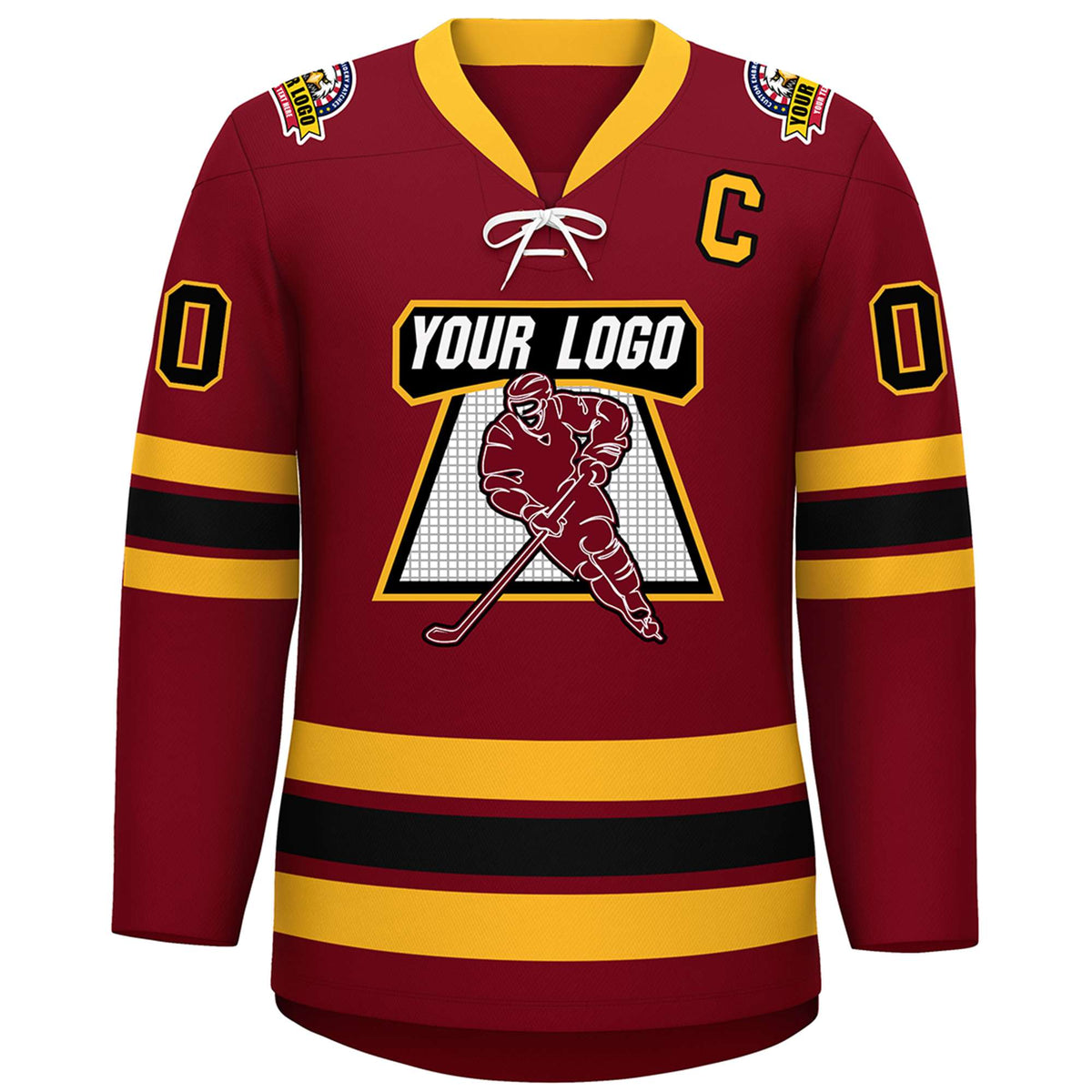 Custom Crimson Black-Yellow Lace-Up Neck Hockey Jersey | KXKSHOP
