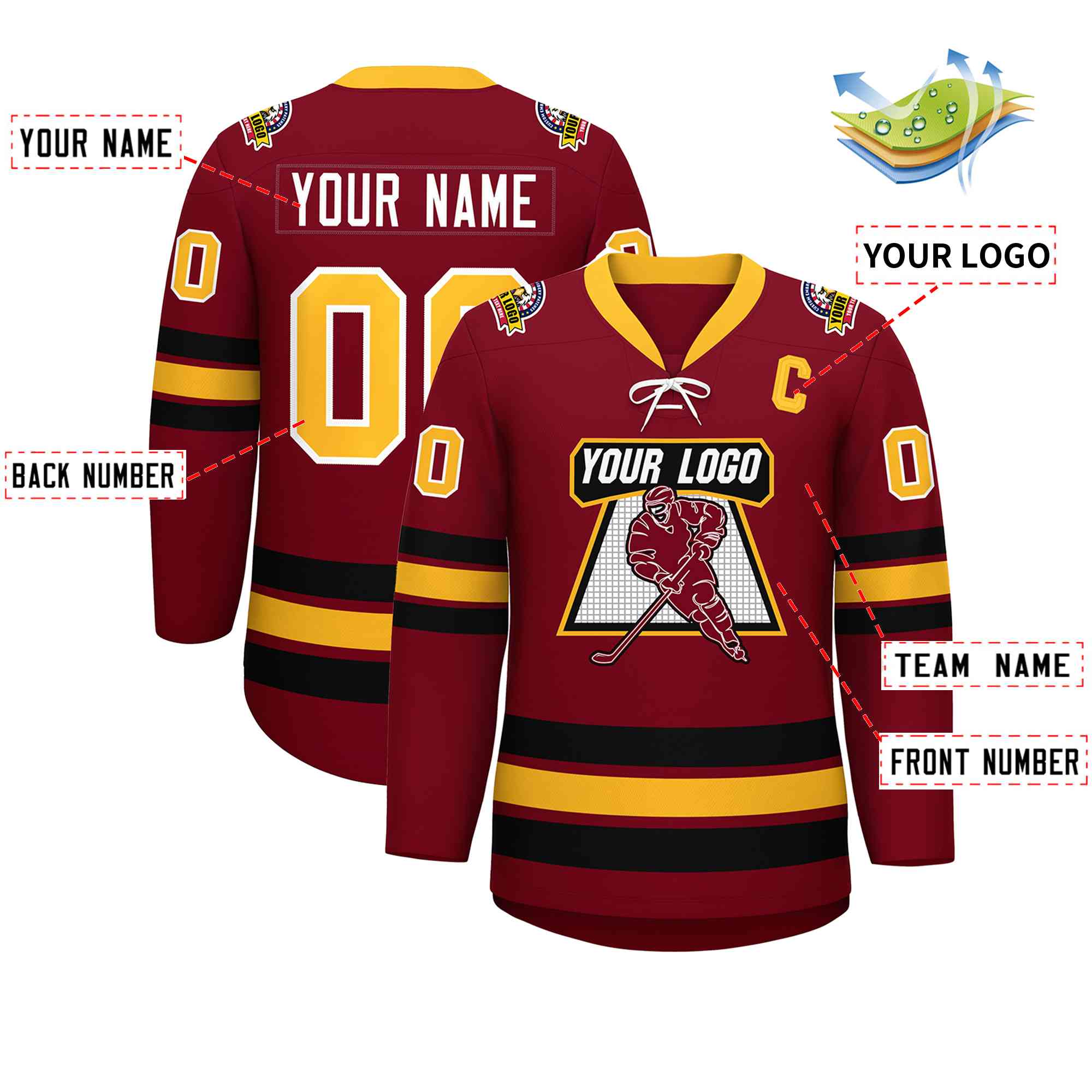 Custom Crimson Yellow-Black Lace-Up Neck Hockey Jersey | KXKSHOP