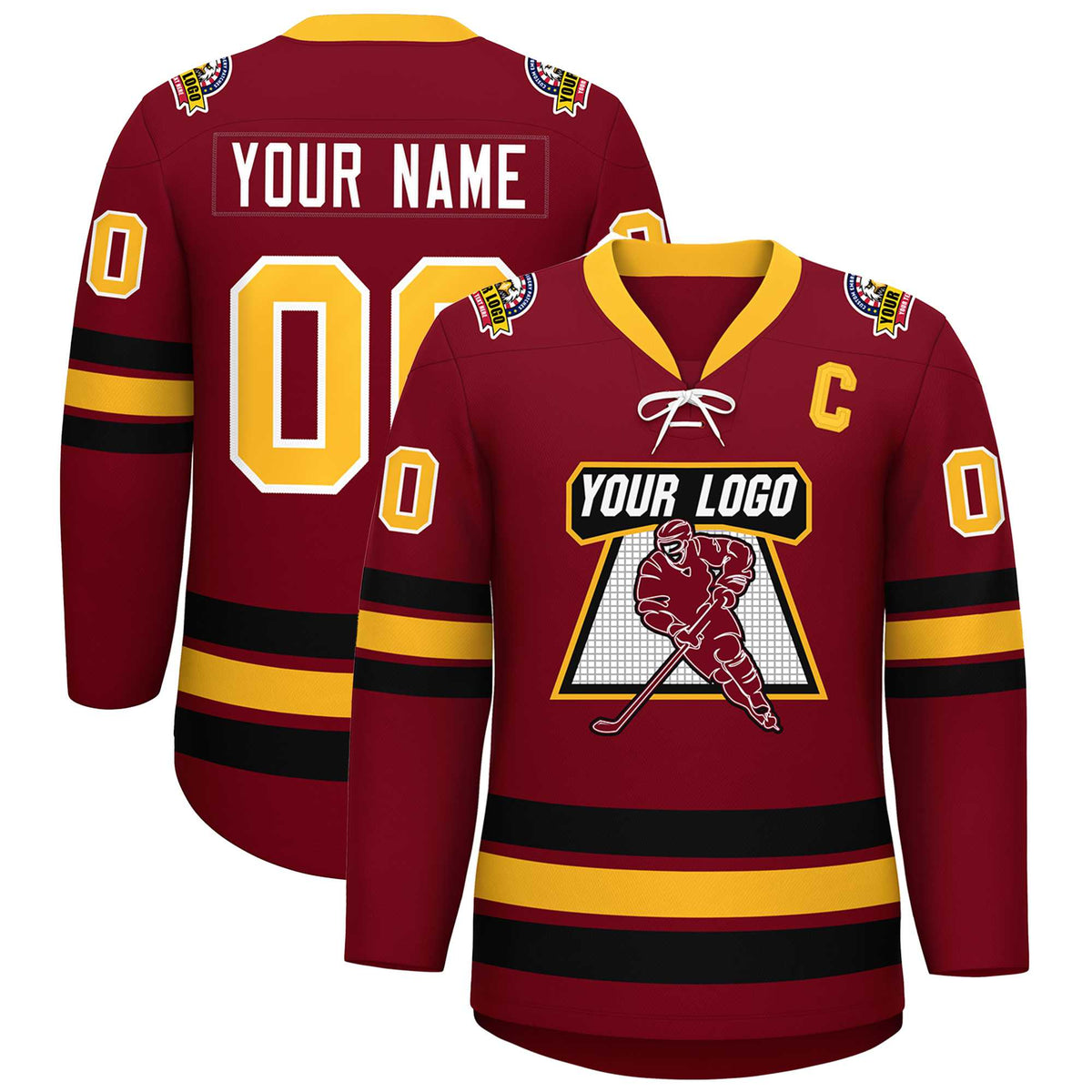Custom Crimson Yellow-Black Lace-Up Neck Hockey Jersey | KXKSHOP