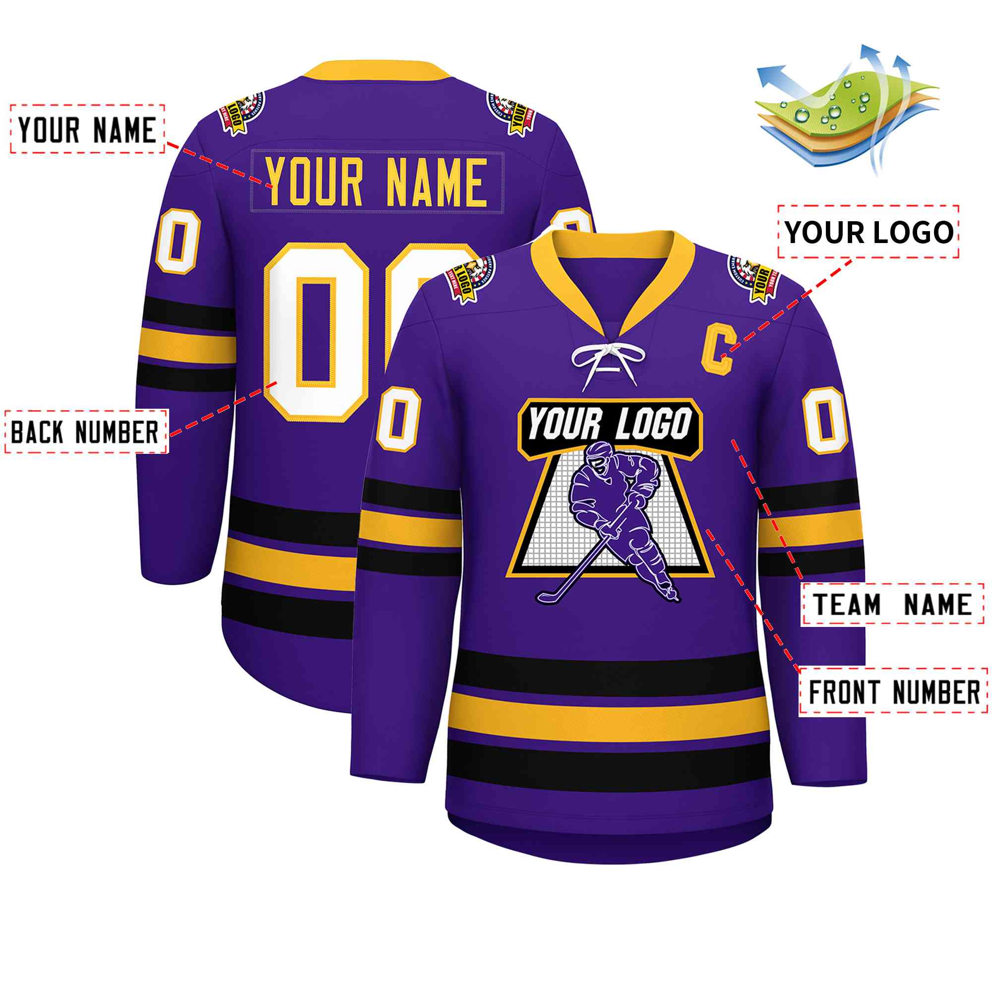 Custom Purple Yellow-Black Lace-Up Neck Hockey Jersey | KXKSHOP