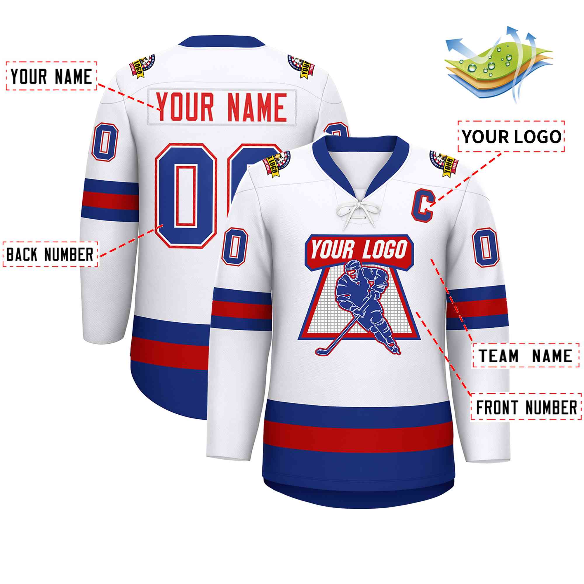 Custom White Red-Royal Lace-Up Neck Hockey Jersey | KXKSHOP