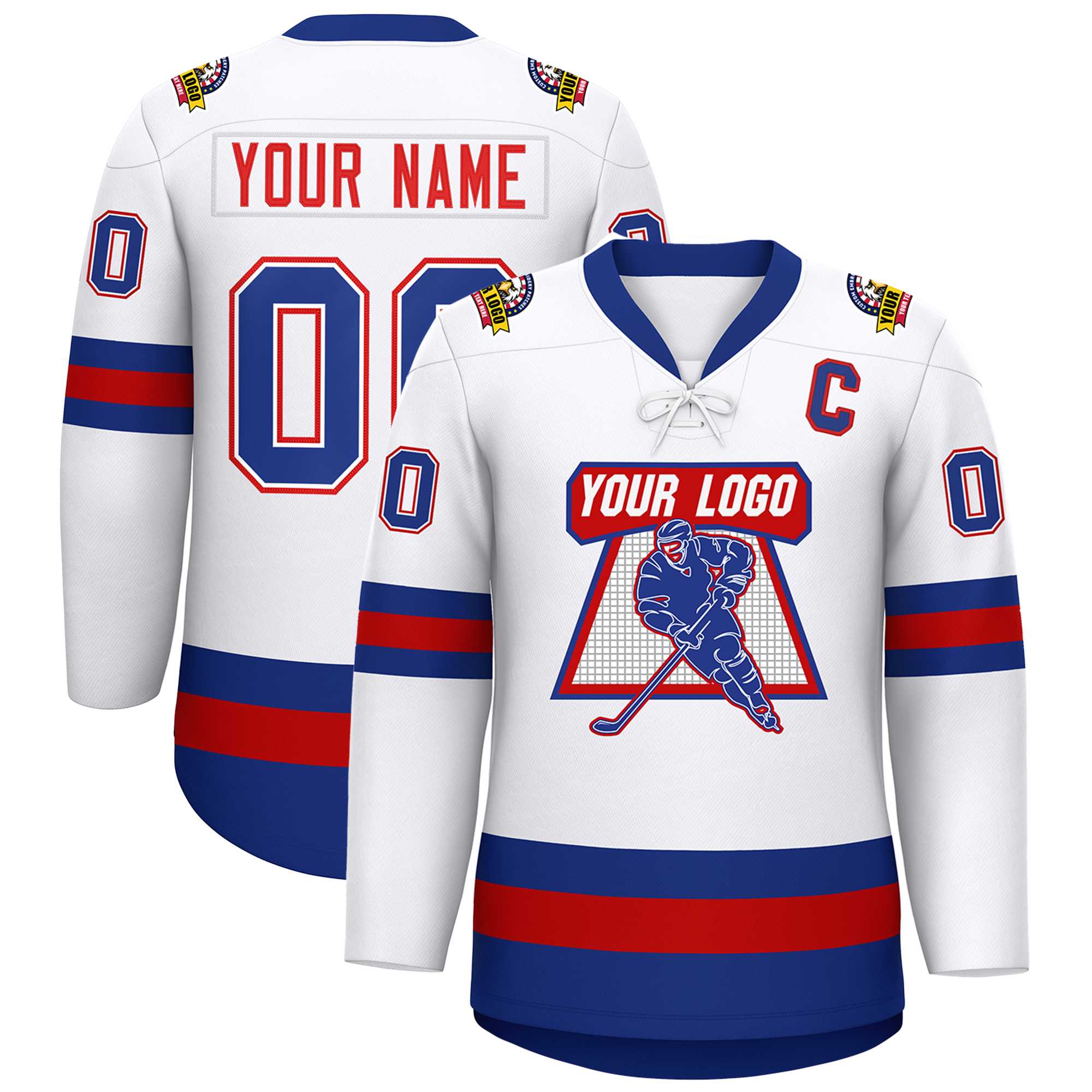 Custom White Red-Royal Lace-Up Neck Hockey Jersey | KXKSHOP