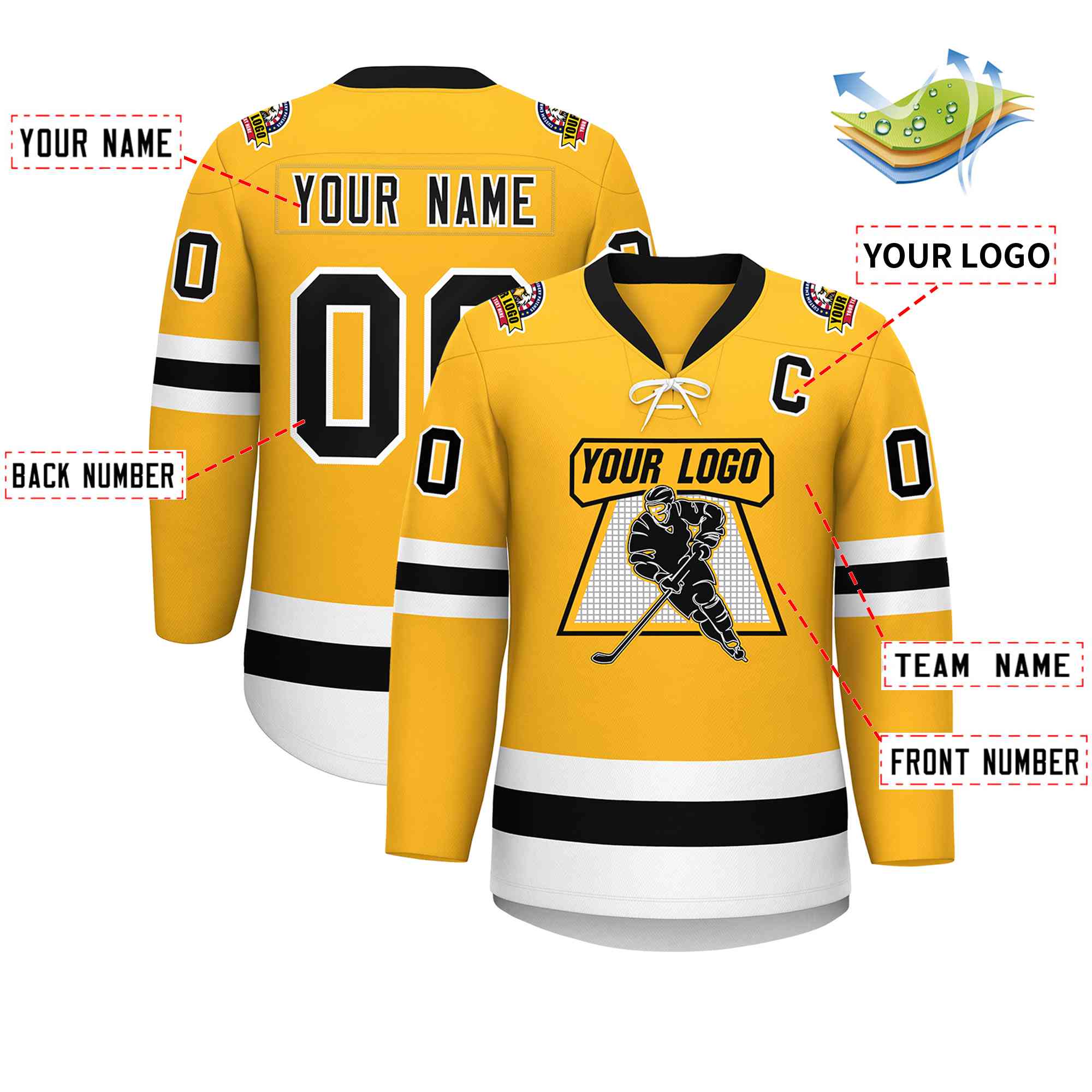 Custom Gold Black-White Lace-Up Neck Hockey Jersey | KXKSHOP