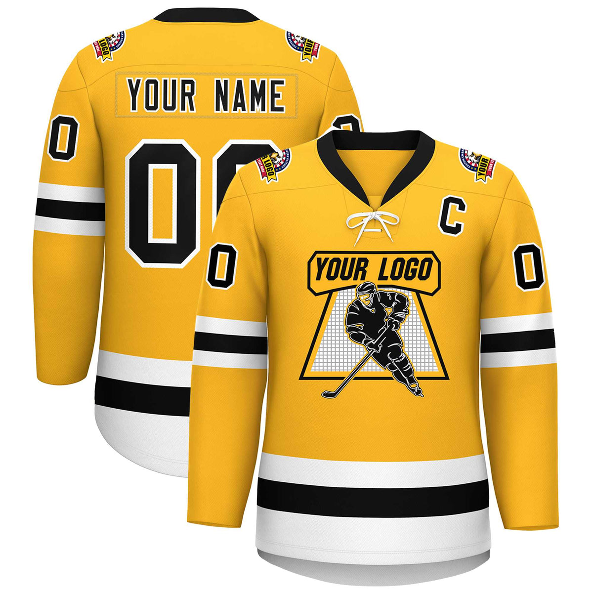 Custom Gold Black-White Lace-Up Neck Hockey Jersey | KXKSHOP