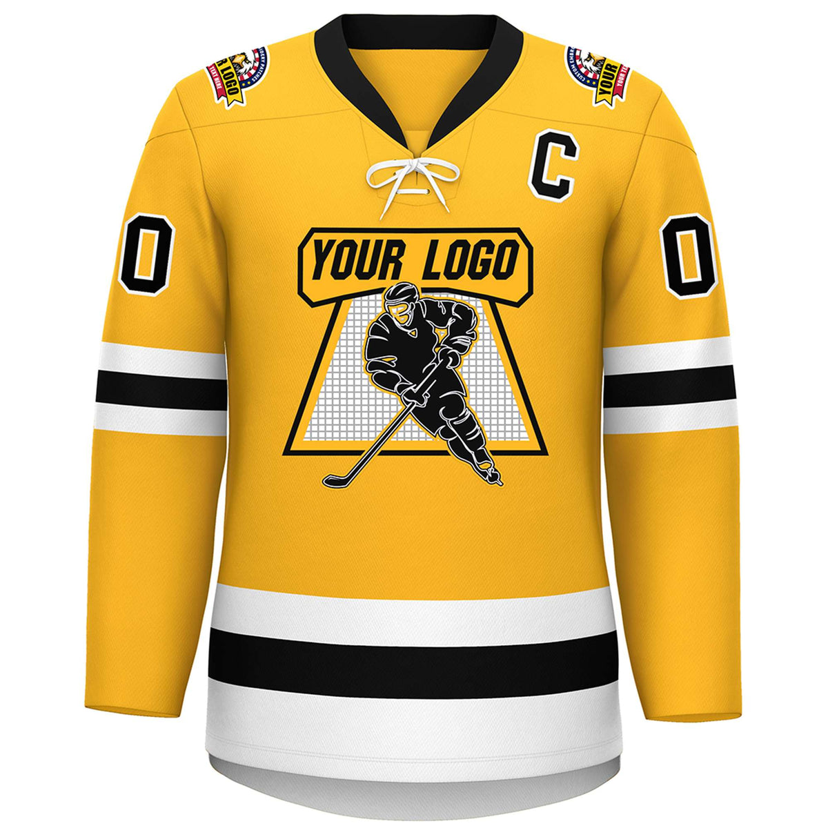 Custom Gold Black-White Lace-Up Neck Hockey Jersey | KXKSHOP