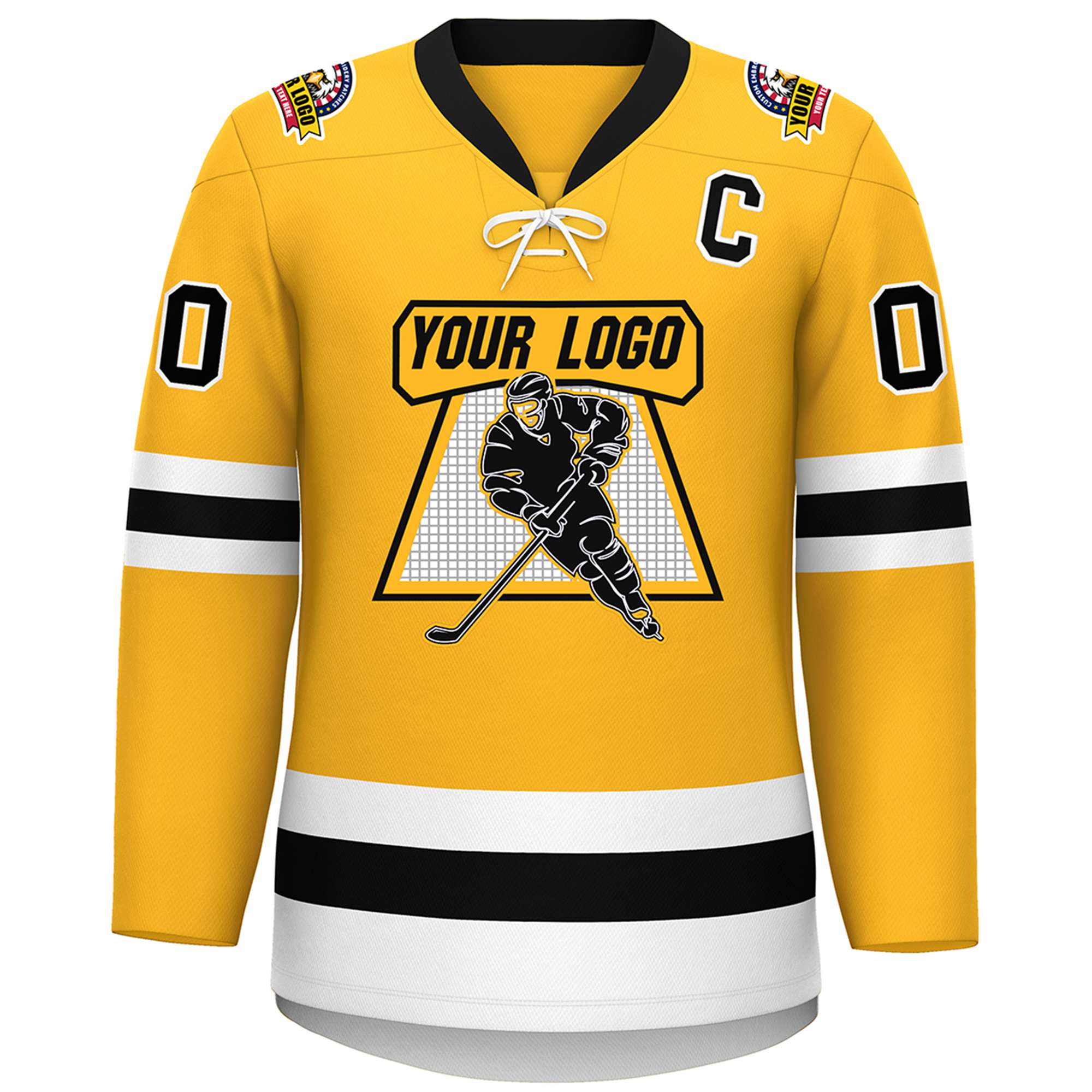 Custom Gold Black-White Lace-Up Neck Hockey Jersey | KXKSHOP