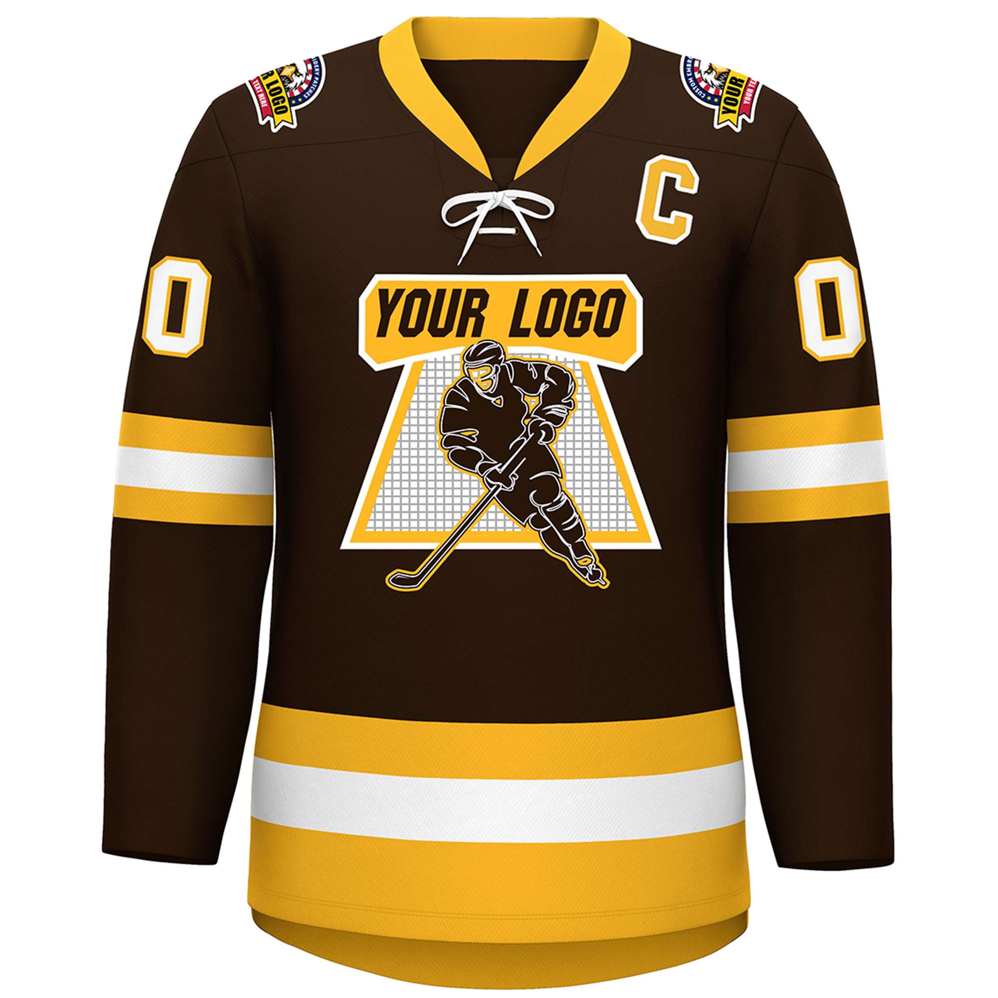Custom Brown Gold-White Lace-Up Neck Hockey Jersey | KXKSHOP