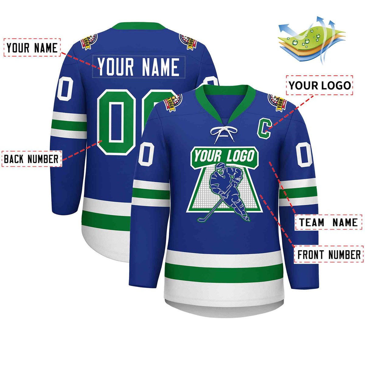 Custom Royal Kelly Green-White Lace-Up Neck Hockey Jersey | KXKSHOP