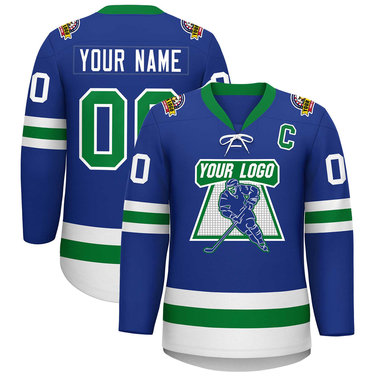 Custom Royal Kelly Green-White Lace-Up Neck Hockey Jersey | KXKSHOP