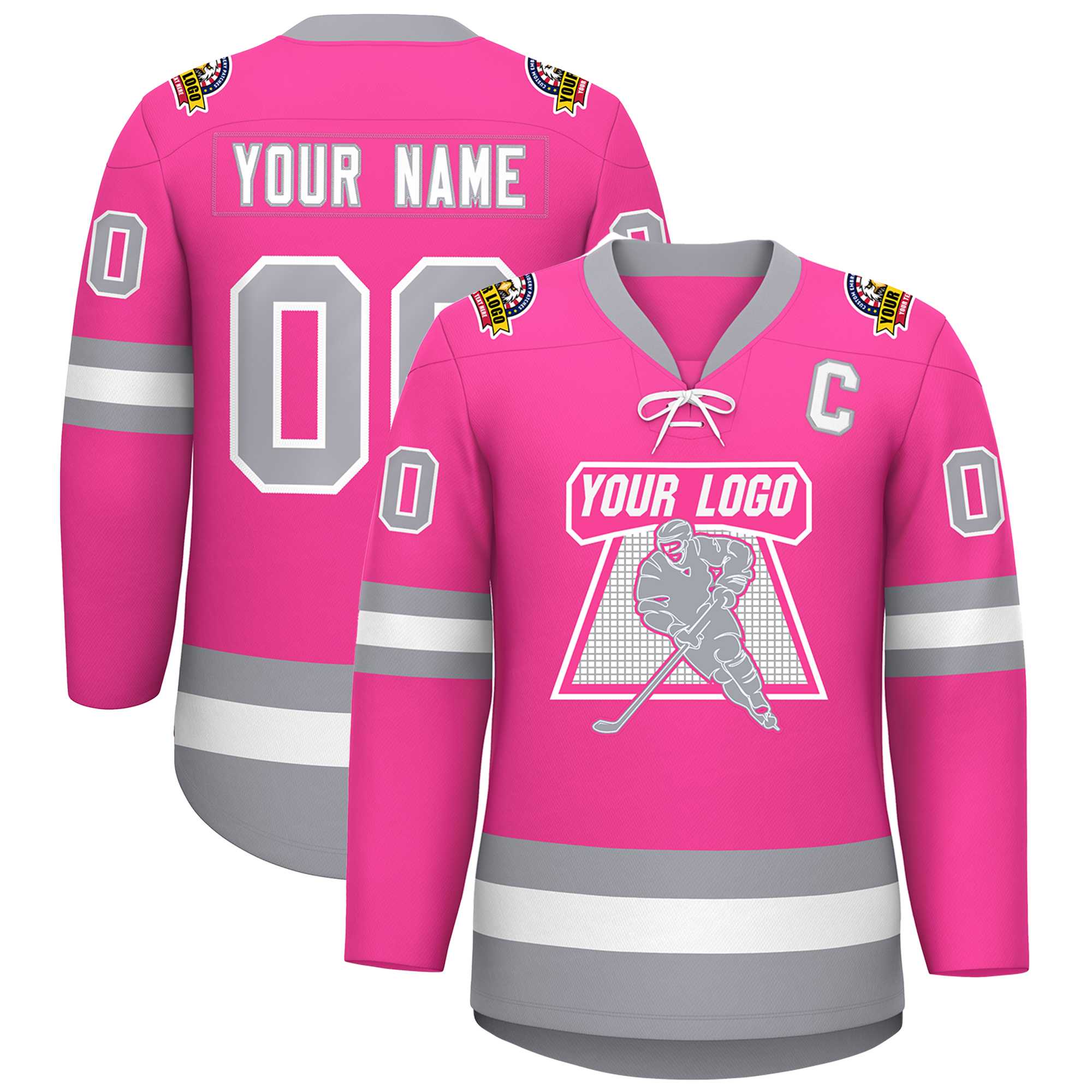 Custom Pink White-Gray Lace-Up Neck Hockey Jersey | KXKSHOP