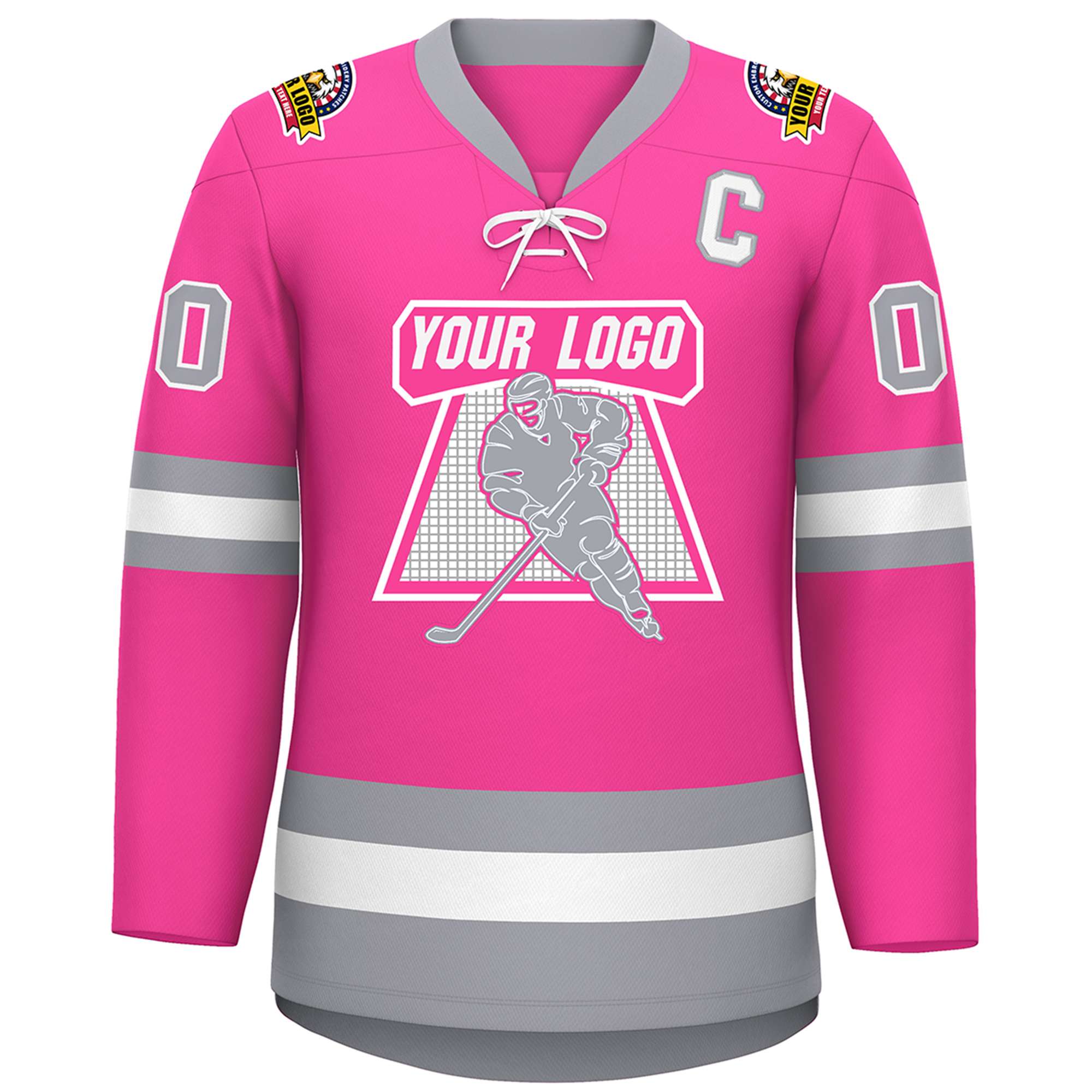 Custom Pink White-Gray Lace-Up Neck Hockey Jersey | KXKSHOP